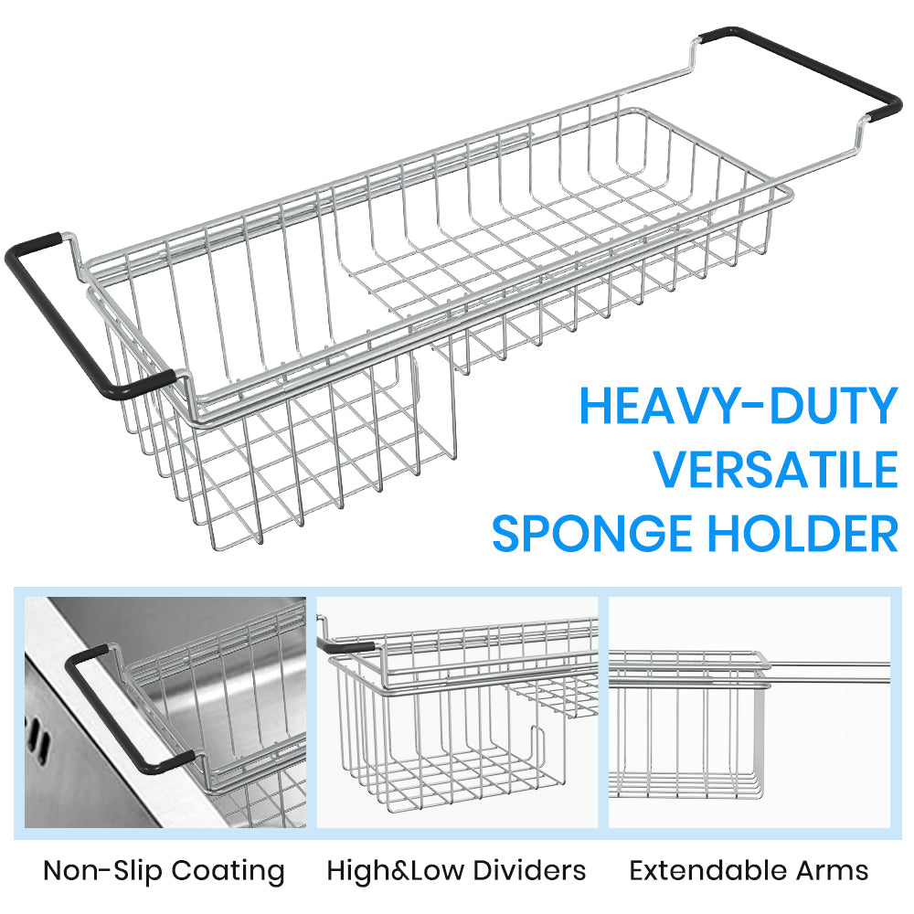 Sink Caddy Sponge Holder Sponge Organizer Caddy Rag Detergent Brush Dishwashing Liquid Rack Expandable 14-3/4" to 20" Stainless Steel
