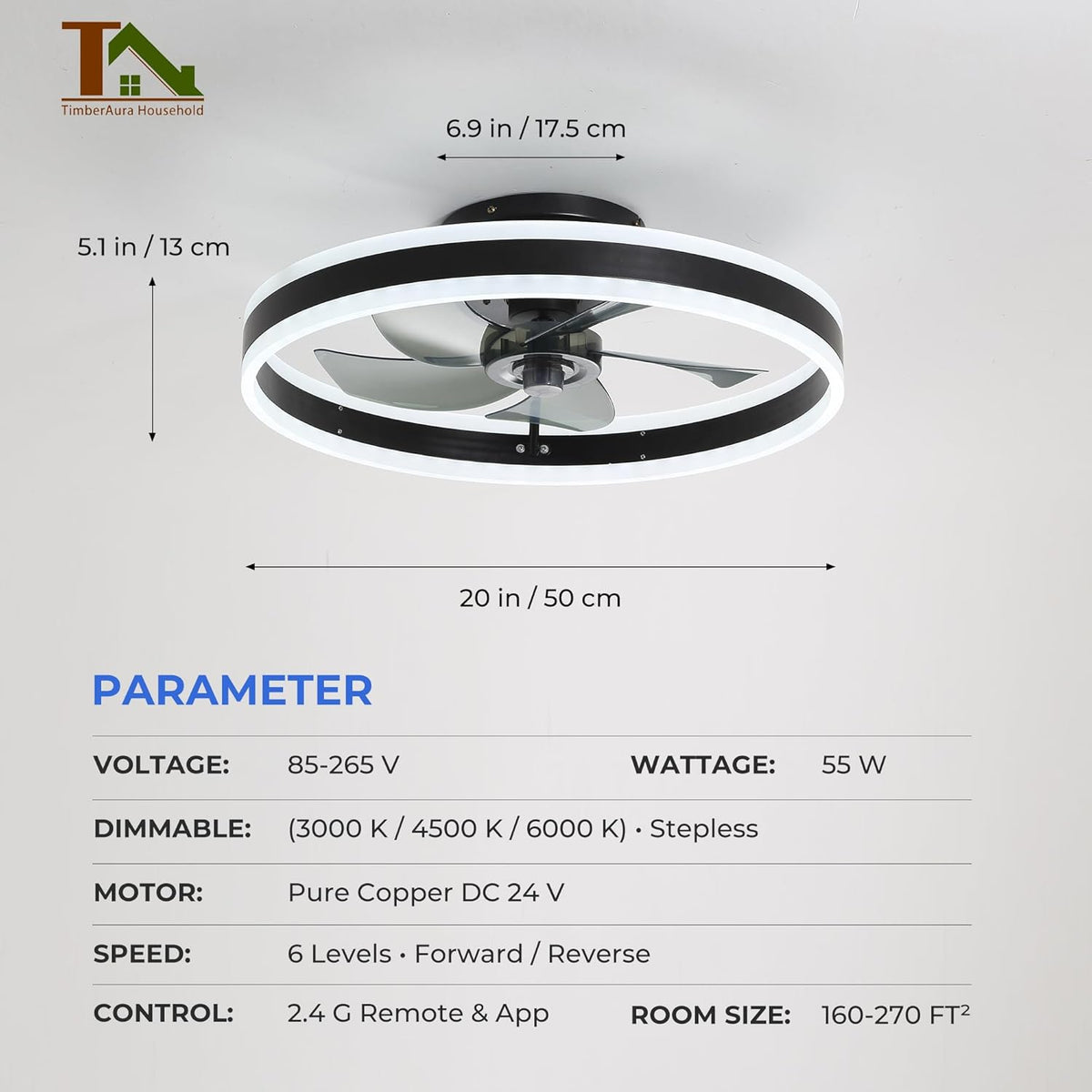 Ceiling Fans with Lights and Remote, 20'' Low Profile Fan, 3000-6000K Dimmable Modern Flush Mount LED Fandelier, 6 Speeds Reversible DC Motor, Black Ceiling Fan for Bedroom Living Room