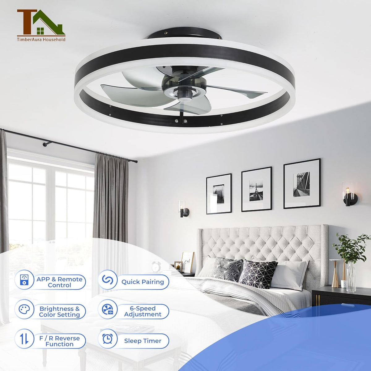 Ceiling Fans with Lights and Remote, 20'' Low Profile Fan, 3000-6000K Dimmable Modern Flush Mount LED Fandelier, 6 Speeds Reversible DC Motor, Black Ceiling Fan for Bedroom Living Room