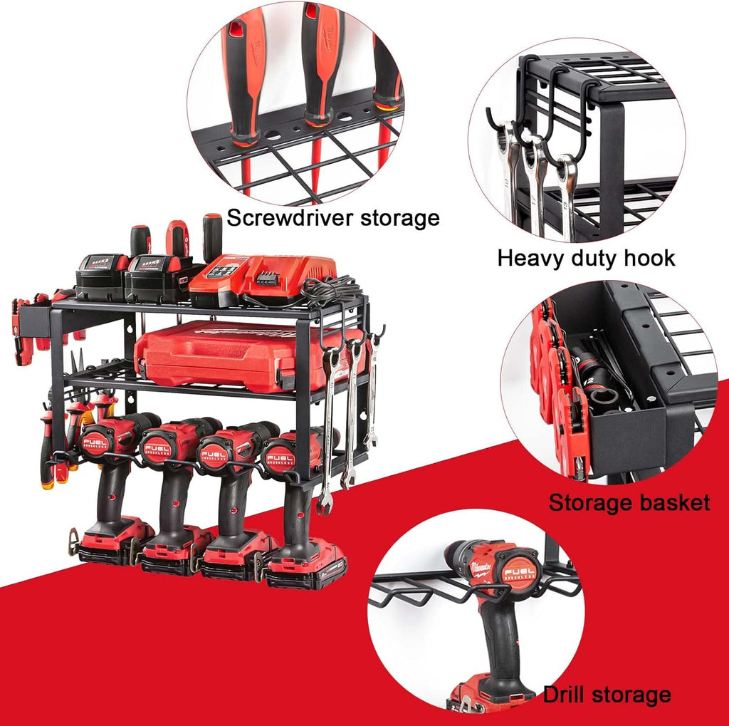 TreeLen Power Tool Organizer Wall Mount, Power Tool Holder 3 Layers Heavy Duty Drill Holder Suitable for Garage, Workshop and Warehouse