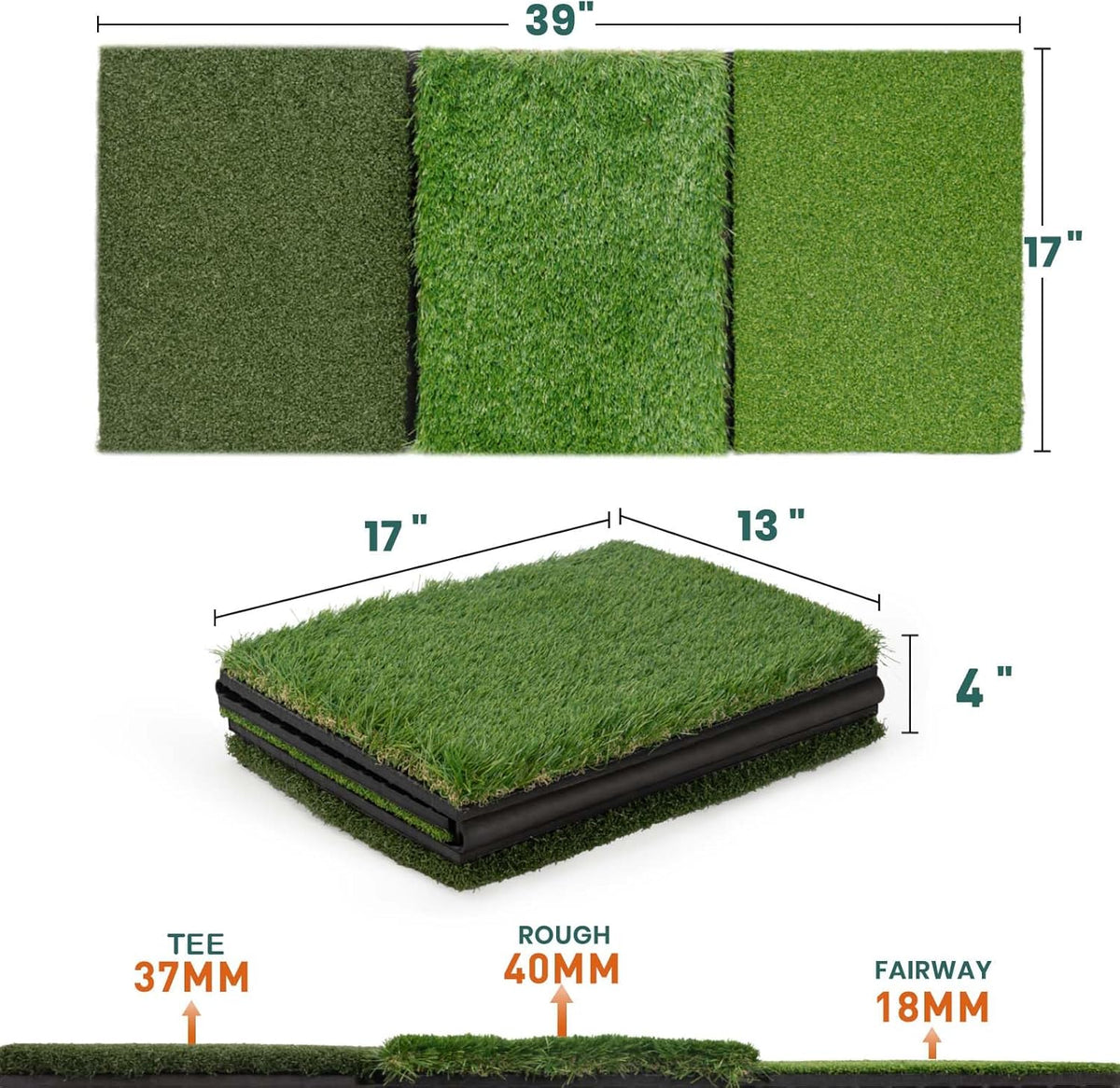 3 in1 Golf Hitting Mat 32 * 17" Golf Practice Mat Indoor Outdoor -Fairway, Rough & Driving Turf-Golf Practice Swing/Chipping Mat