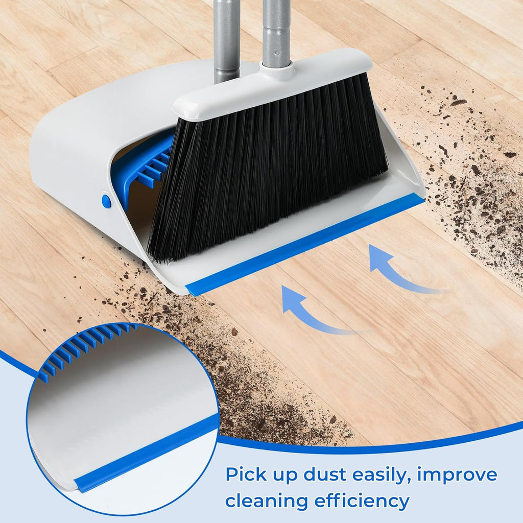 Broom with Dustpan Combo Set, 52" Upright Dust Pans with Long Handle Angle Broom for Home Kitchen Room Office Lobby Cleaning Gray