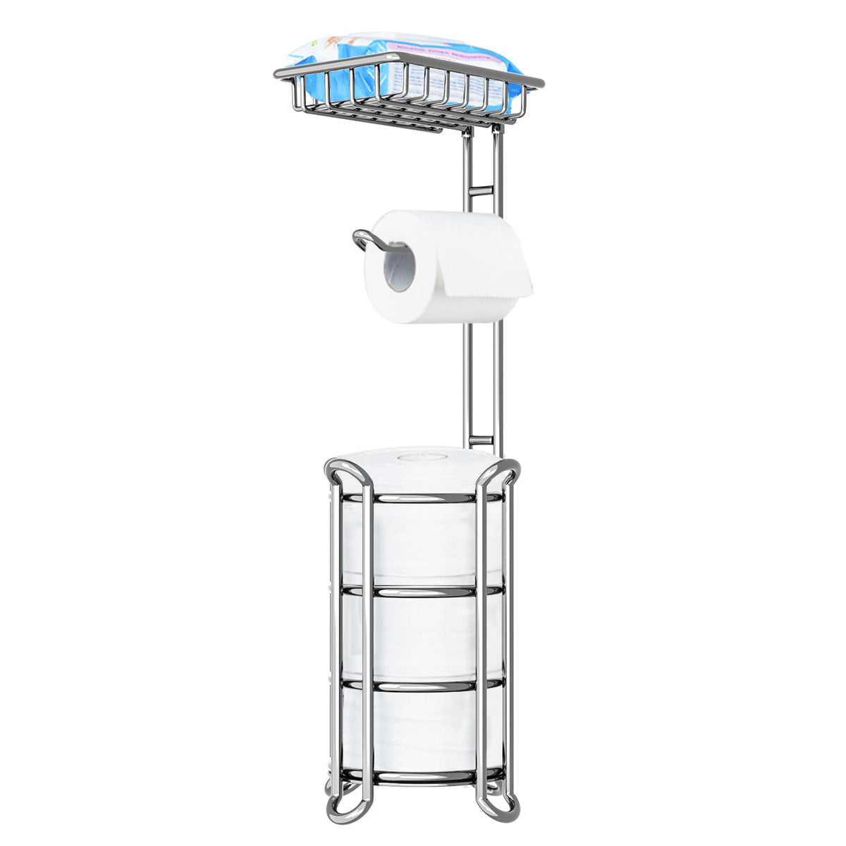 TreeLen Toilet Paper Holder Stand Toilet Tissue Roll Holder with Shelf for Bathroom Storage Holds Phone/Wipe/Mega Rolls-Shiny Chrome