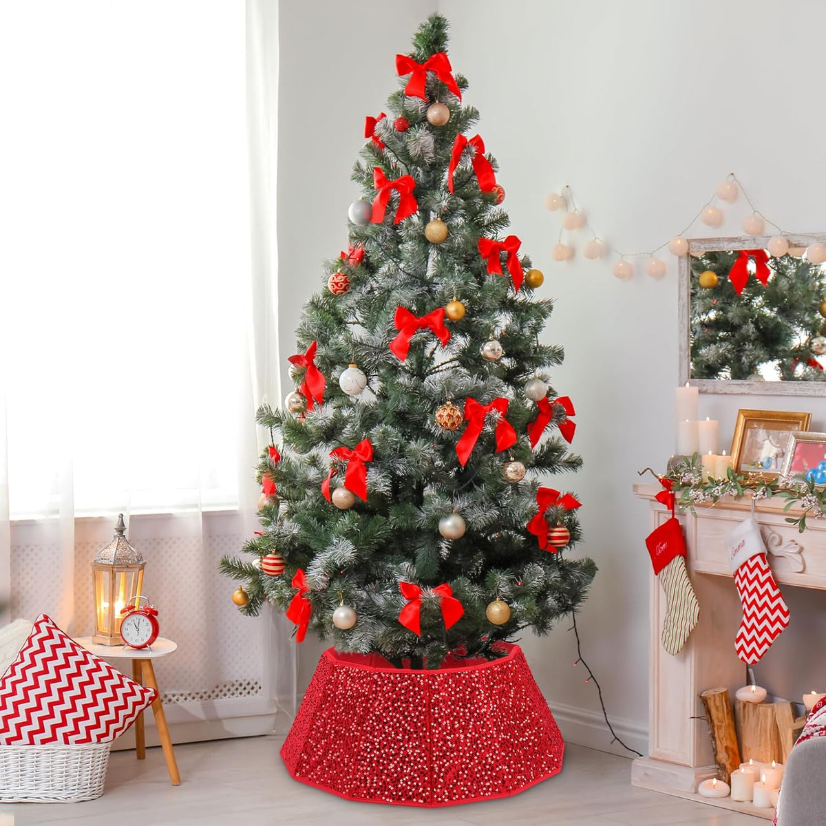 Sequin Christmas Tree Collar 31.5inch,Tree Skirt for Halloween Christmas Decoration 12-Sided Xmas Tree Base Cover (Red)