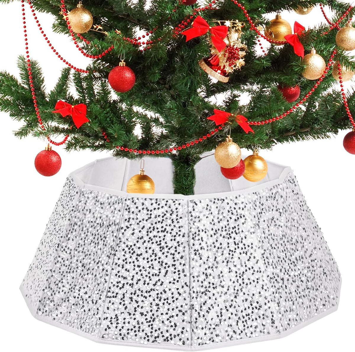 Sequin Christmas Tree Collar 31.5inch,Tree Skirt for Halloween Christmas Decoration 12-Sided Xmas Tree Base Cover(Silver)