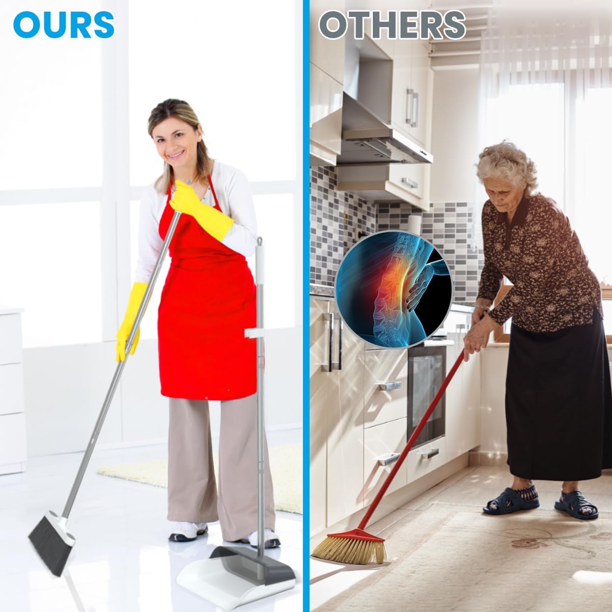 Stand Up Dustpan and Broom Set 50” Long Handle Broom with Dust Pan, 20° Angled for Ergonomic Home Office Indoor Sweeping