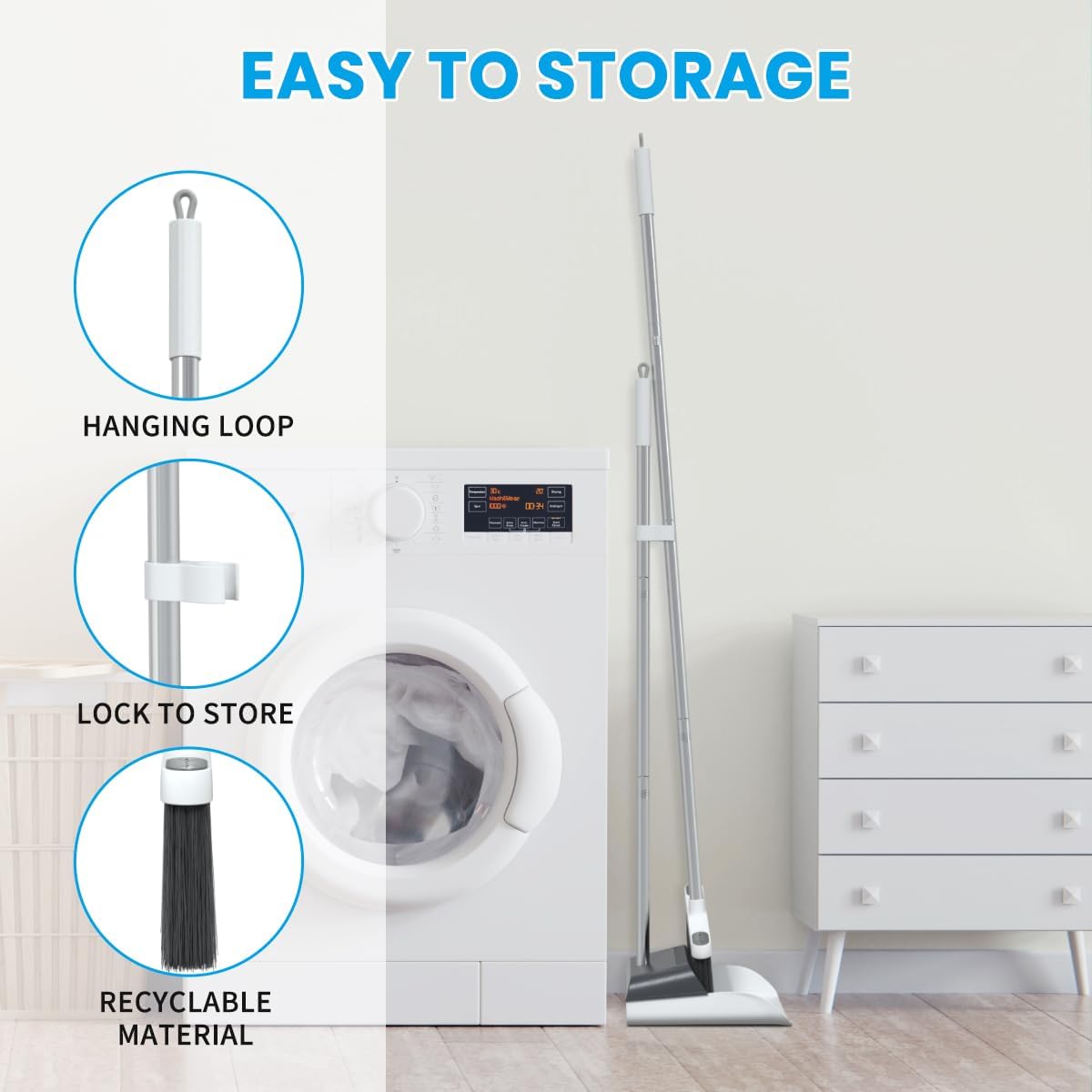 Stand Up Dustpan and Broom Set 50” Long Handle Broom with Dust Pan, 20° Angled for Ergonomic Home Office Indoor Sweeping