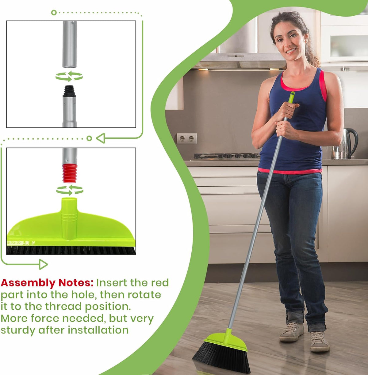 Green Floor Sweeping Brooms 55” House Brooms for Sweeping Indoor Kitchenette Broom for Hardwood Floor Cleaning