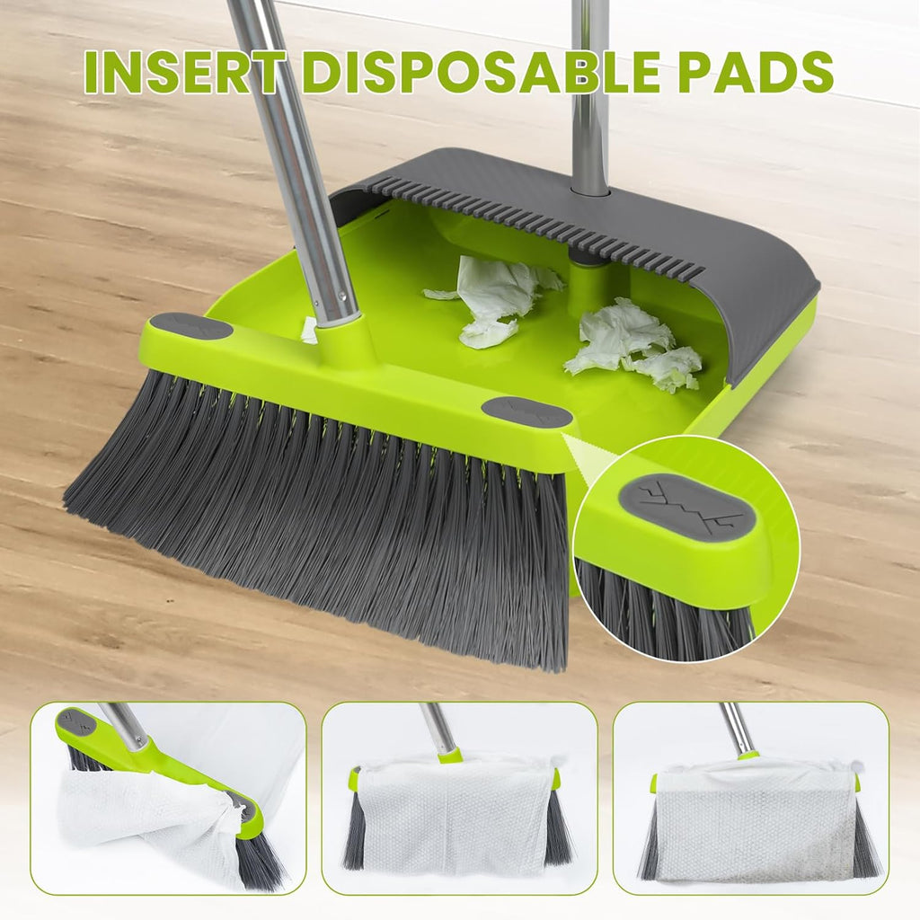 Broom and Standing Dustpan Set 50” Angle Broom with Long Handle Dust Pans for Kitchen Classroom Office Floor Sweeping-Green