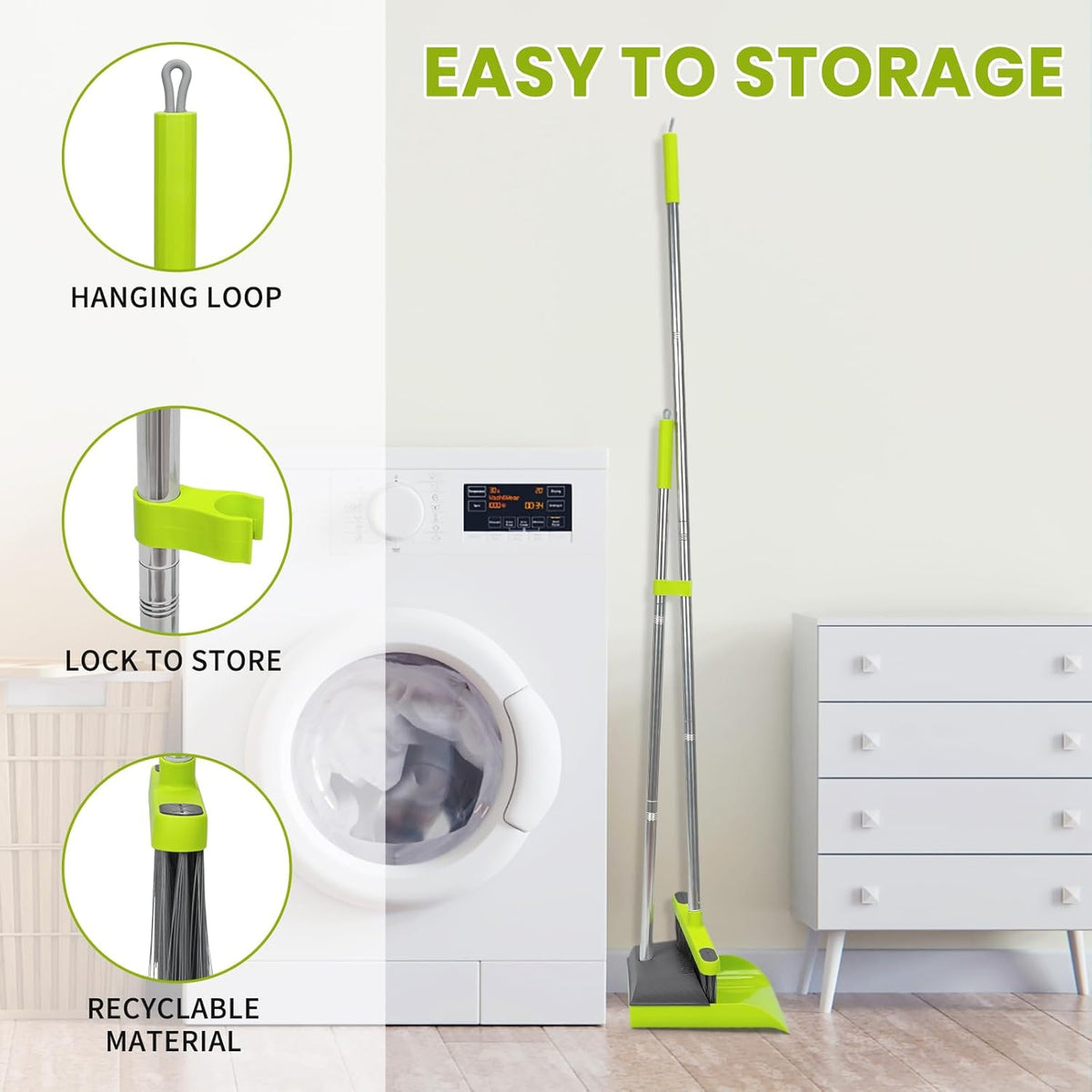 Broom and Standing Dustpan Set 50” Angle Broom with Long Handle Dust Pans for Kitchen Classroom Office Floor Sweeping-Green