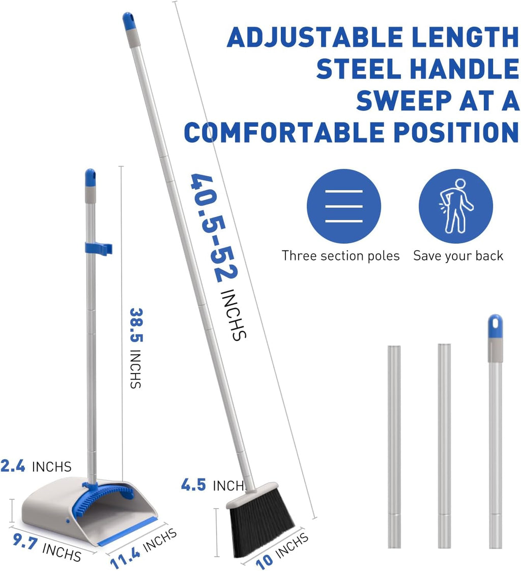 Broom and Dustpan Set，Broom with Dustpan Combo Set, Stand up Dust Pans with Long Handle-Blue