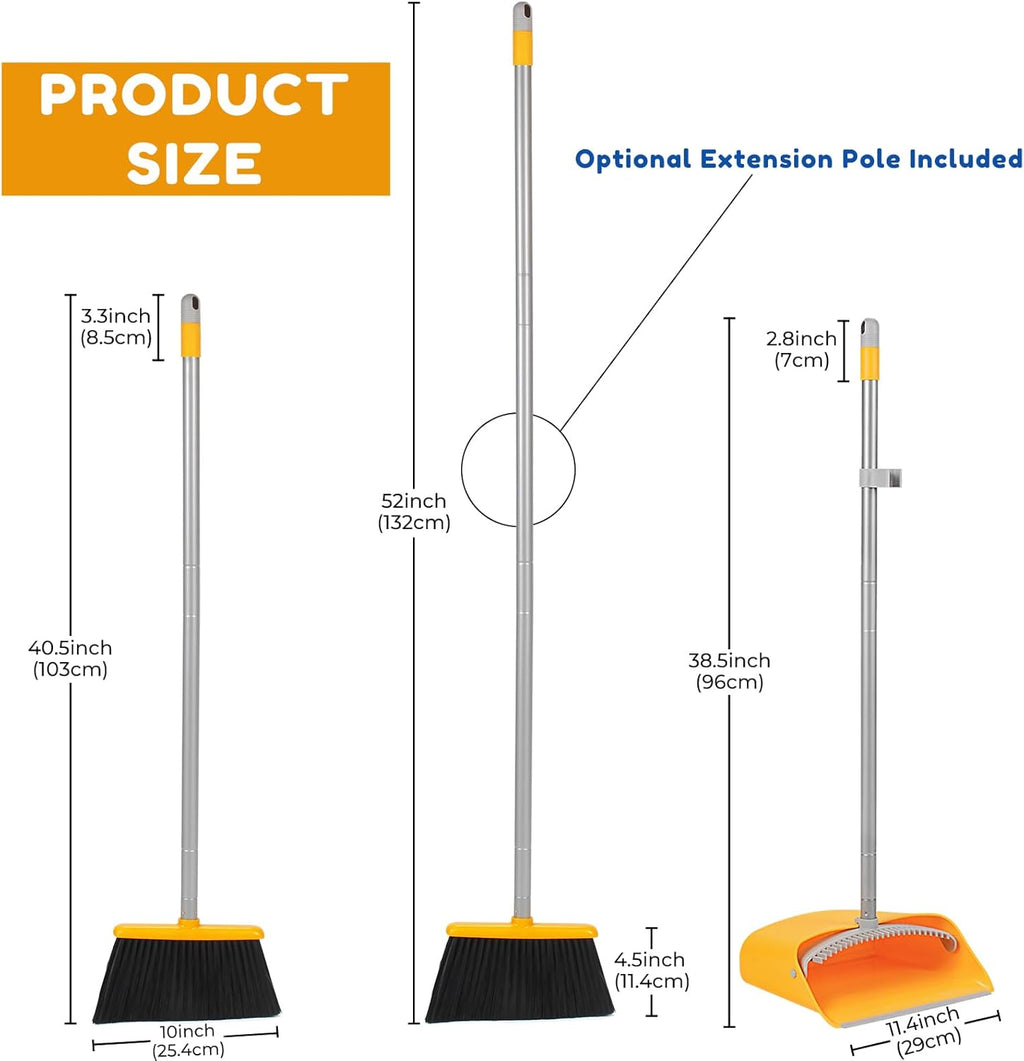 Broom and Dustpan Set with Long Handle 52", Standing Broom and Dust Pan Set for Home Kitchen Room Office Lobby Yellow