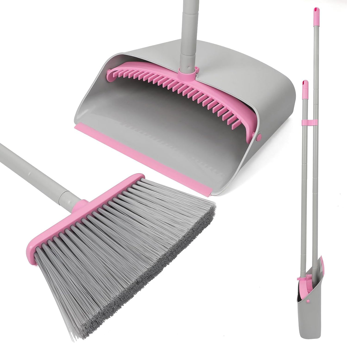 Pink Broom with Dustpan Combo Set，52" Brooms for Sweeping Indoor Broom and Dustpan Set for Home Kitchen Office Lobby Floor Standing Dust Pan