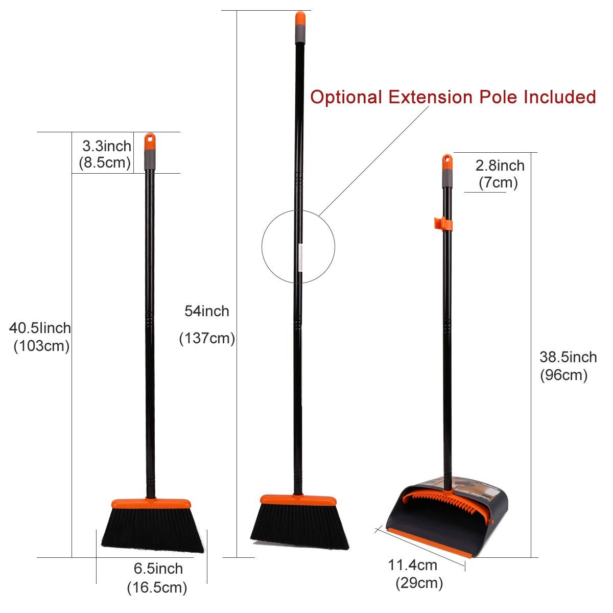 Broom and Dustpan Set, Sweep Set, Upright Broom and Dust pan Combo with 54 Inch Long Handle, Orange and Dark Grey