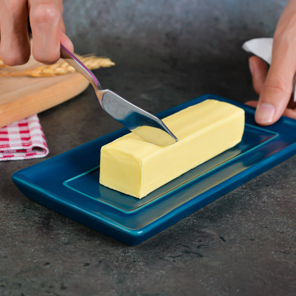Butter Dish Ceramic Porcelain Butter Keeper Butter dish with Lid and Handle for Countertop Refrigerator Perfect for East West Coast Butter Navy Blue