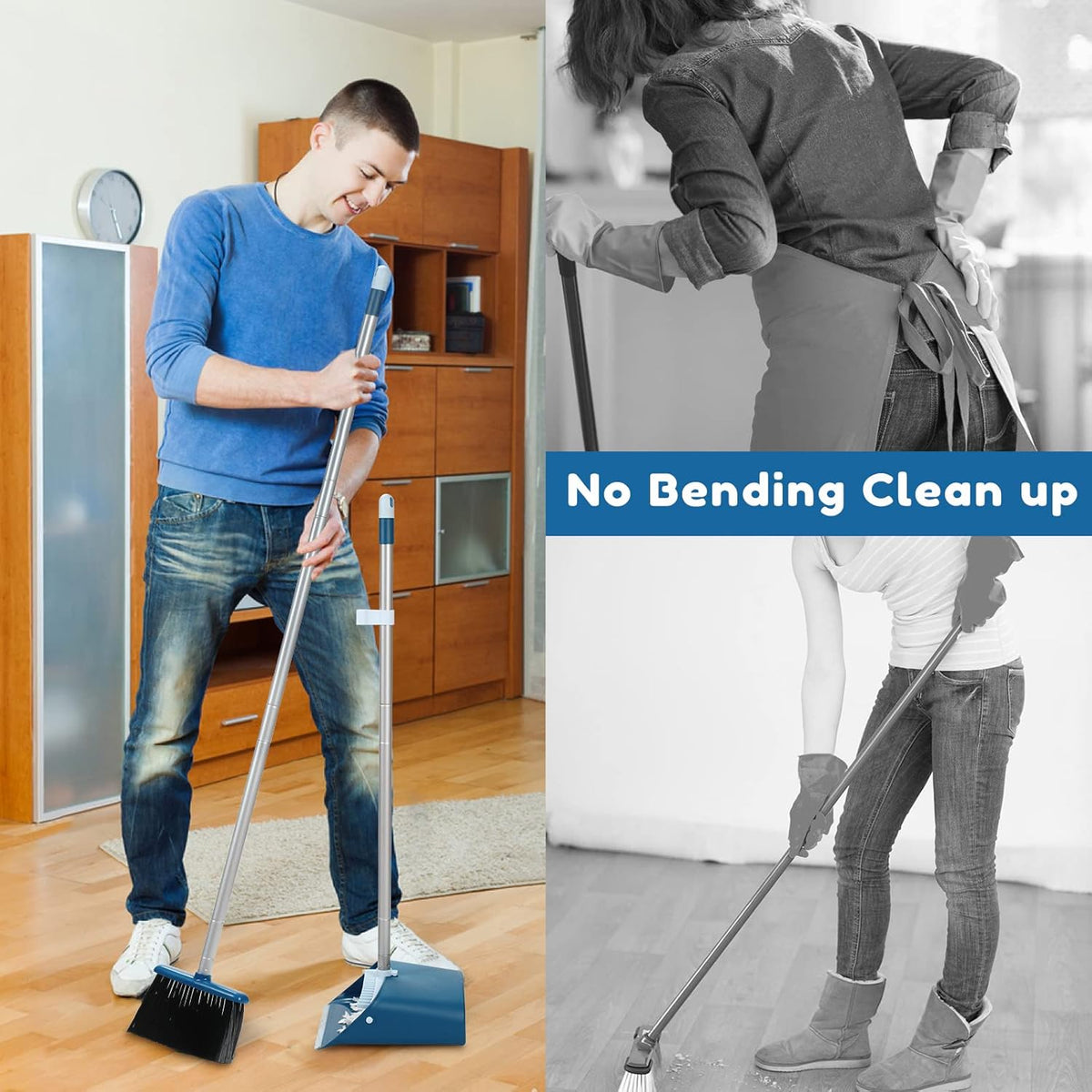 Standing Dustpan and Broom Set with 52" Long Extendable Handle for Home, Indoor, Kitchen Room Office Lobby Floor Cleaning