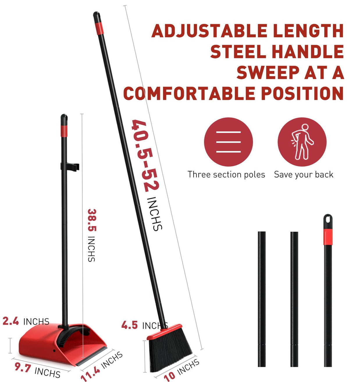 SONCAL Broom and Dustpan Set，Extendable 52" Brooms for Sweeping Indoor Broom with Dustpan Combo Set for Home Kitchen Office Lobby Floor Standing Dust Pan-Red&Black