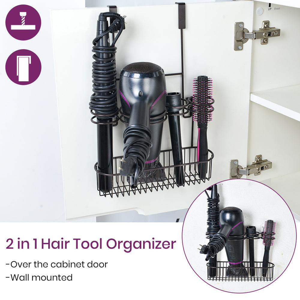 TreeLen Hair Dryer Holder Organizer Bathroom Styling Tool Appliance Storage Caddy 2 in 1 Wall Mount/Cabinet Door for Hot Curling Iron Straightener Brushes-Bronze