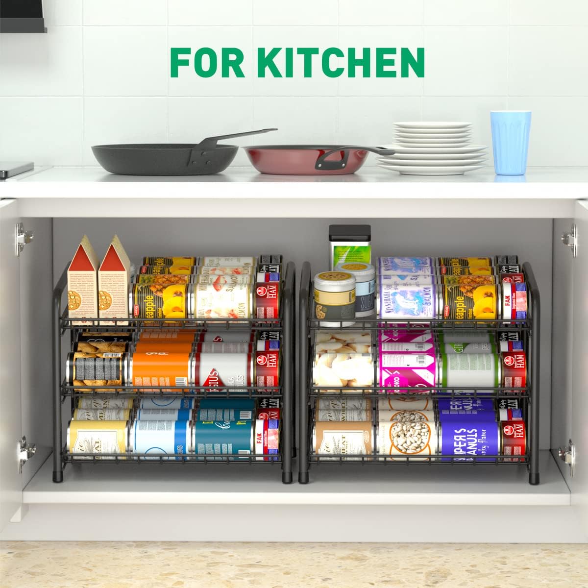 Pack of 2 Can Storage Organizer Pantry, Canned Food Organizers for Kitchen Dispenses 72 Cans-Black