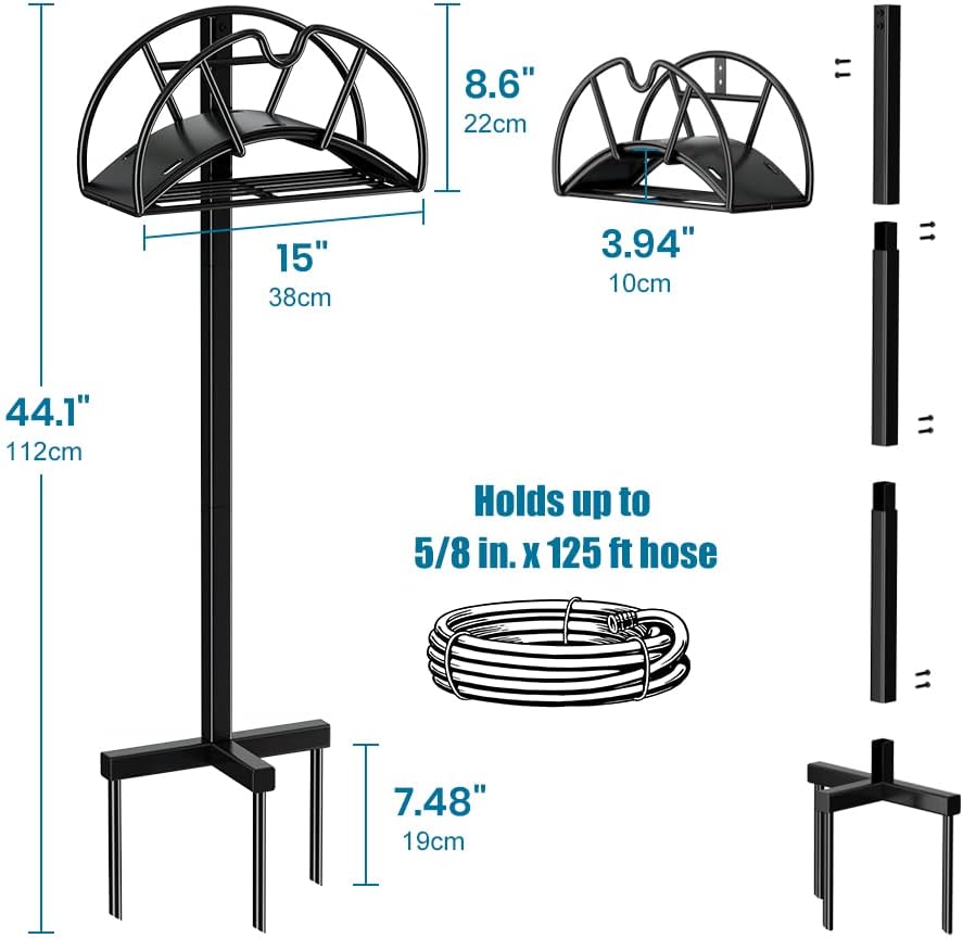 Garden Hose Stand Water Hose Holders for Outside Hose Storage Hanger with Extra Shelf Rack Freestanding -Black