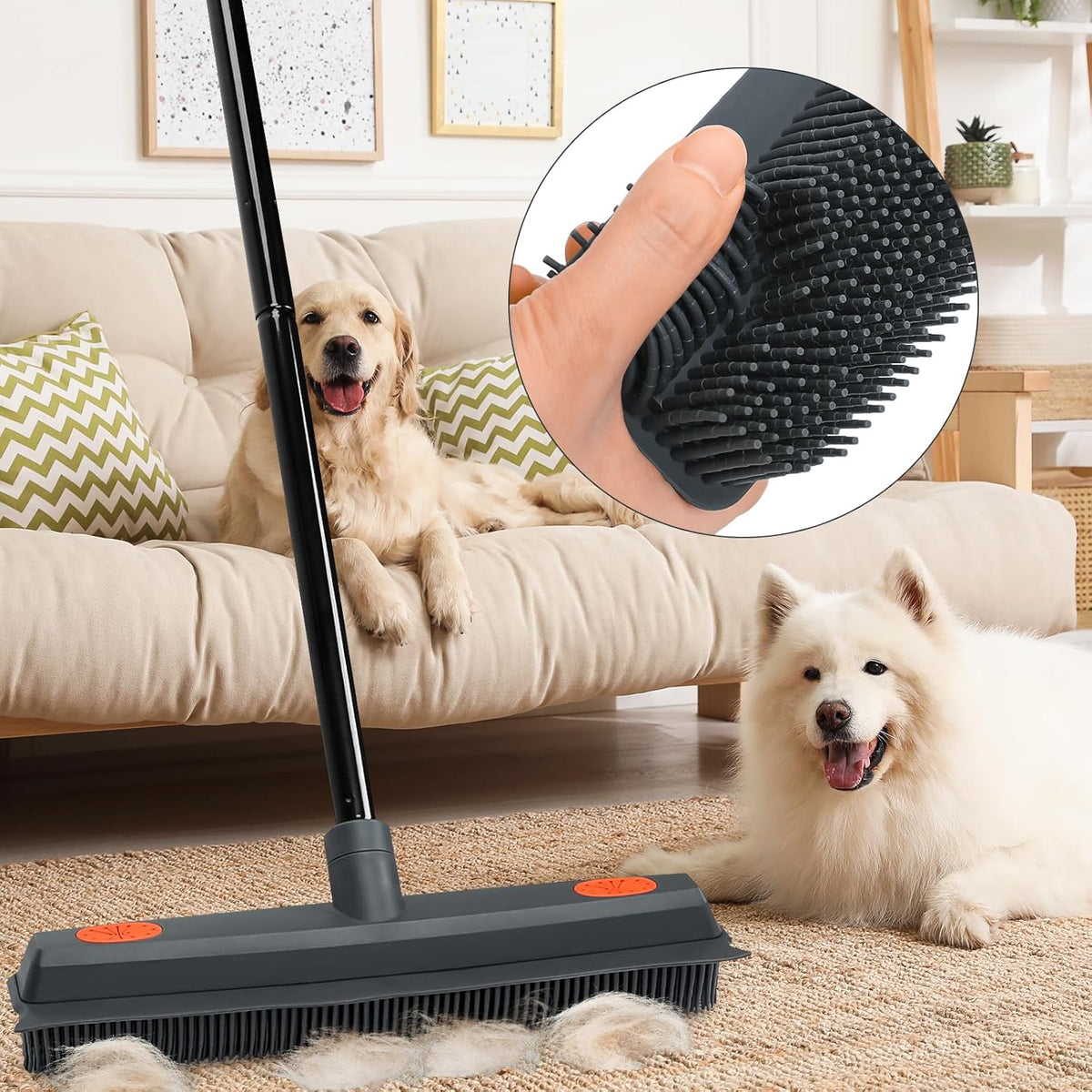 Pet Hair Removal Rubber Broom with Squeegee Carpet Rake for Fluff Rug Silicone Broom for Hardwood Floor