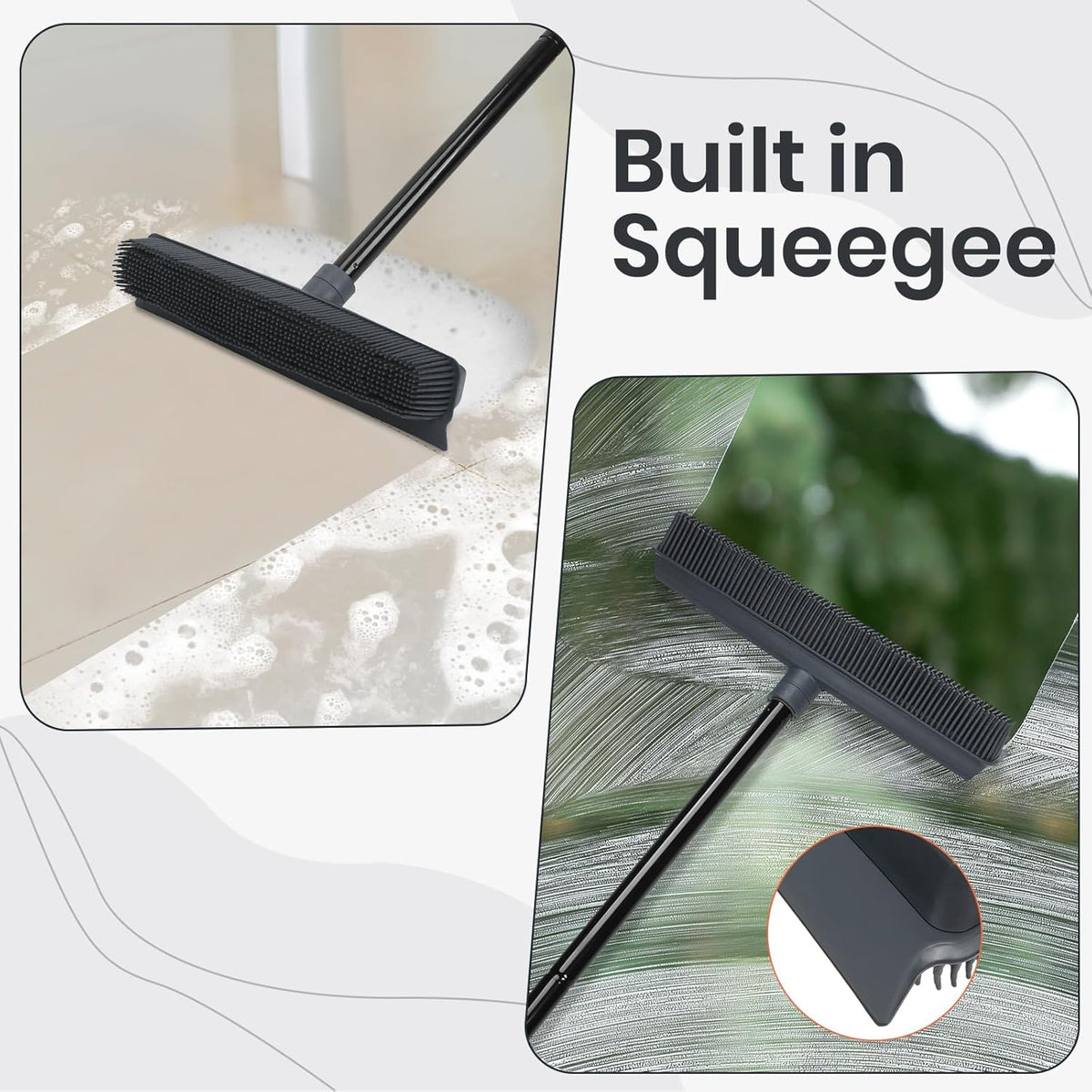 Pet Hair Removal Rubber Broom with Squeegee Carpet Rake for Fluff Rug Silicone Broom for Hardwood Floor
