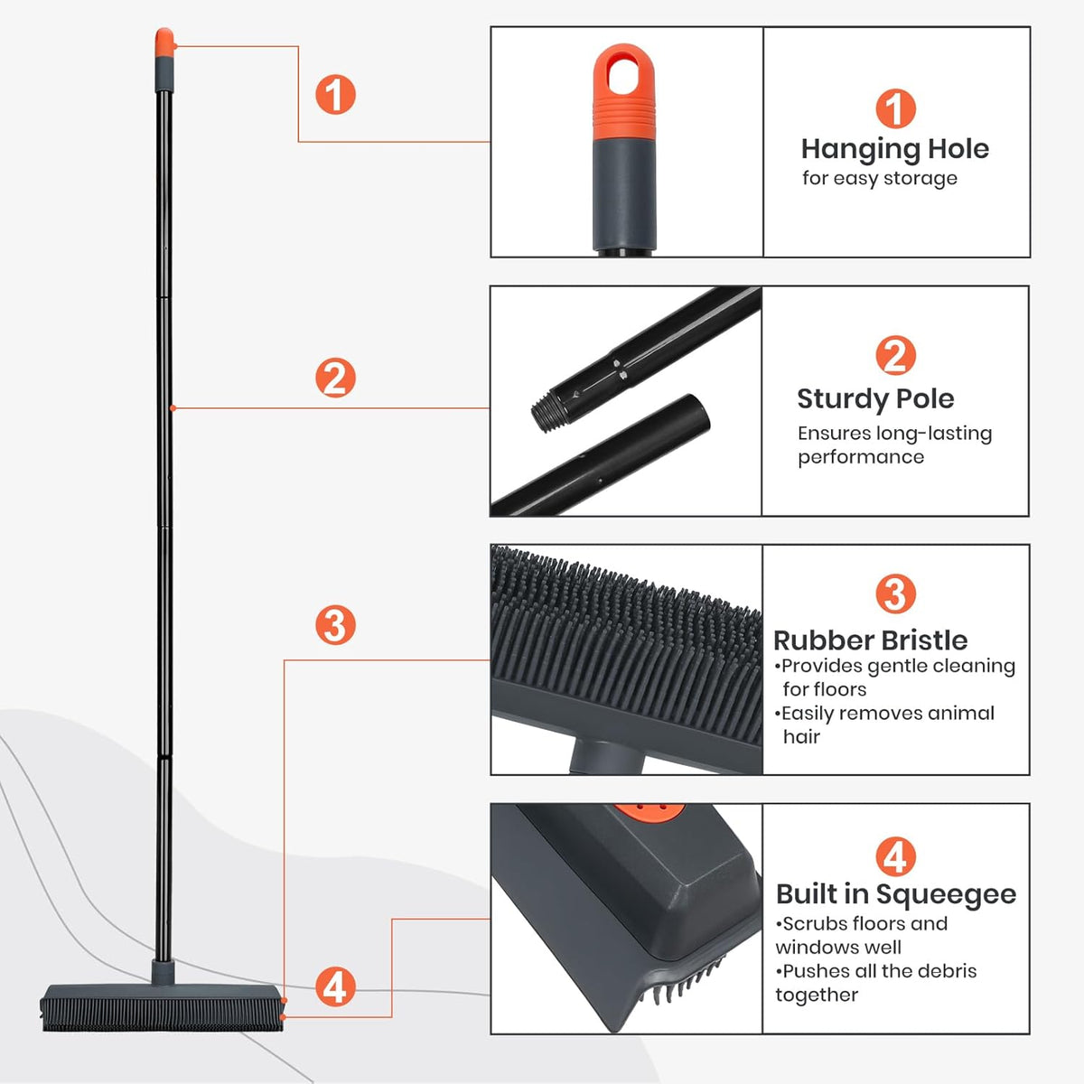 Pet Hair Removal Rubber Broom with Squeegee Carpet Rake for Fluff Rug Silicone Broom for Hardwood Floor
