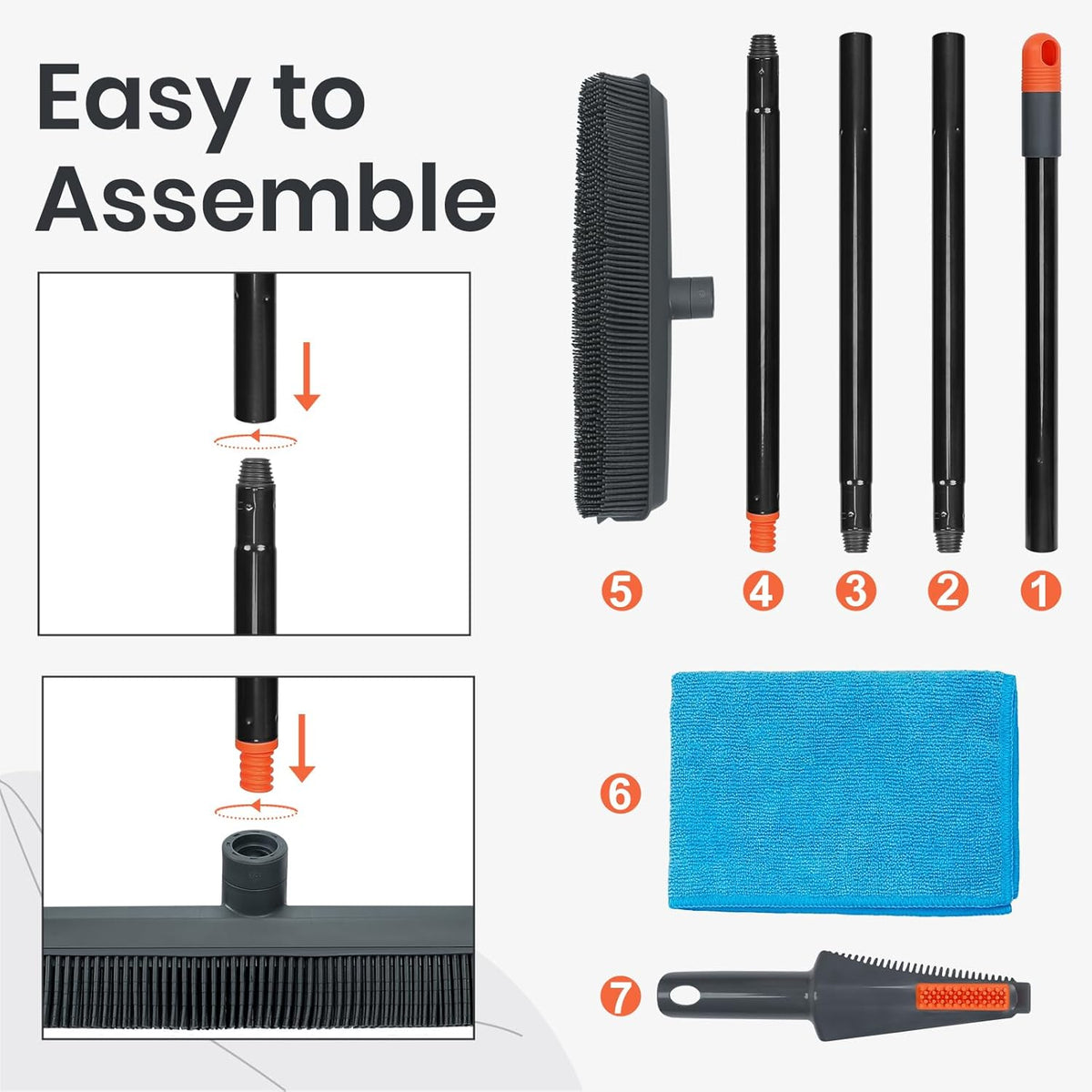Pet Hair Removal Rubber Broom with Squeegee Carpet Rake for Fluff Rug Silicone Broom for Hardwood Floor