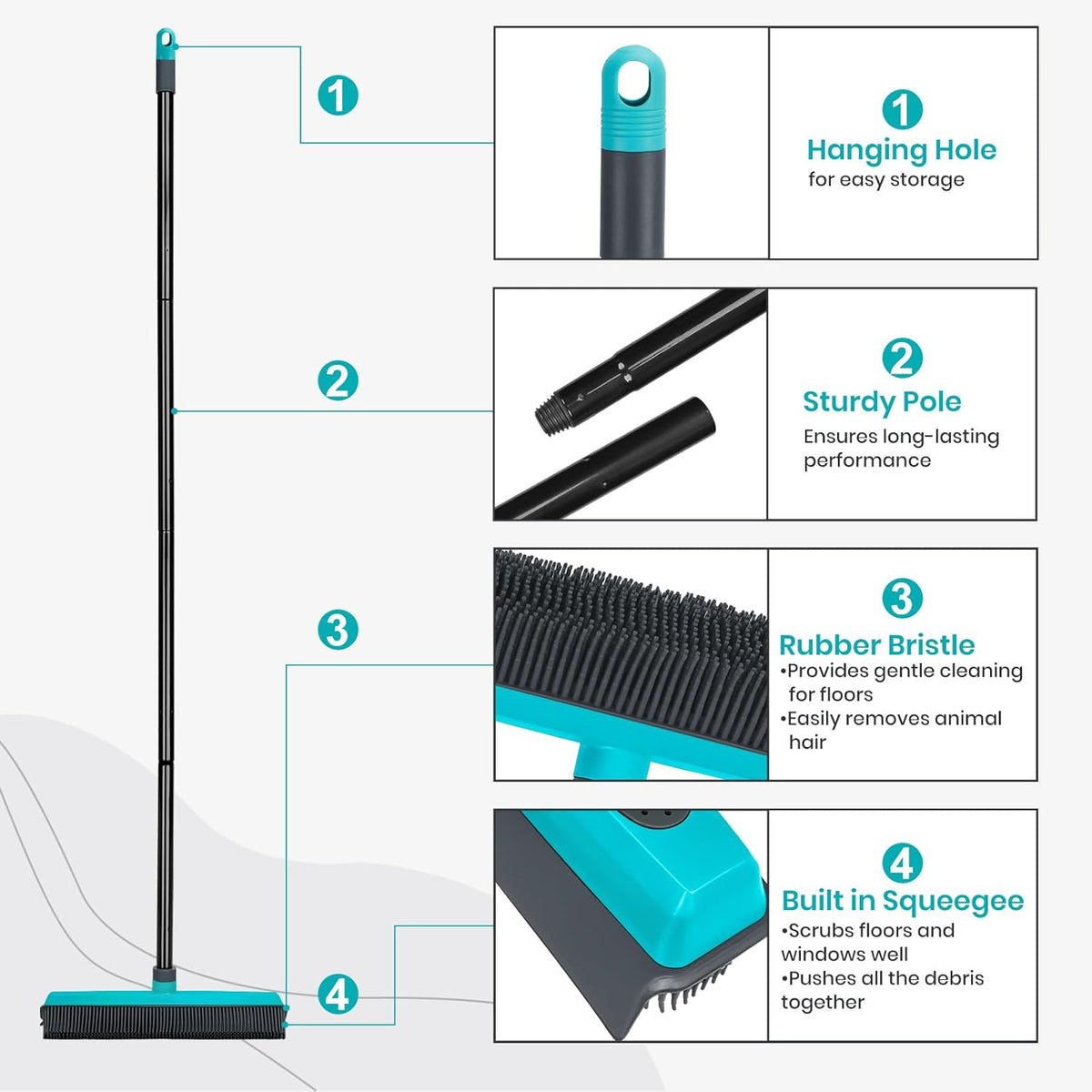 Pet Hair Removal Broom Carpet Rake Rubber Broom with Squeegee Rug Rake to Fluff Carpet