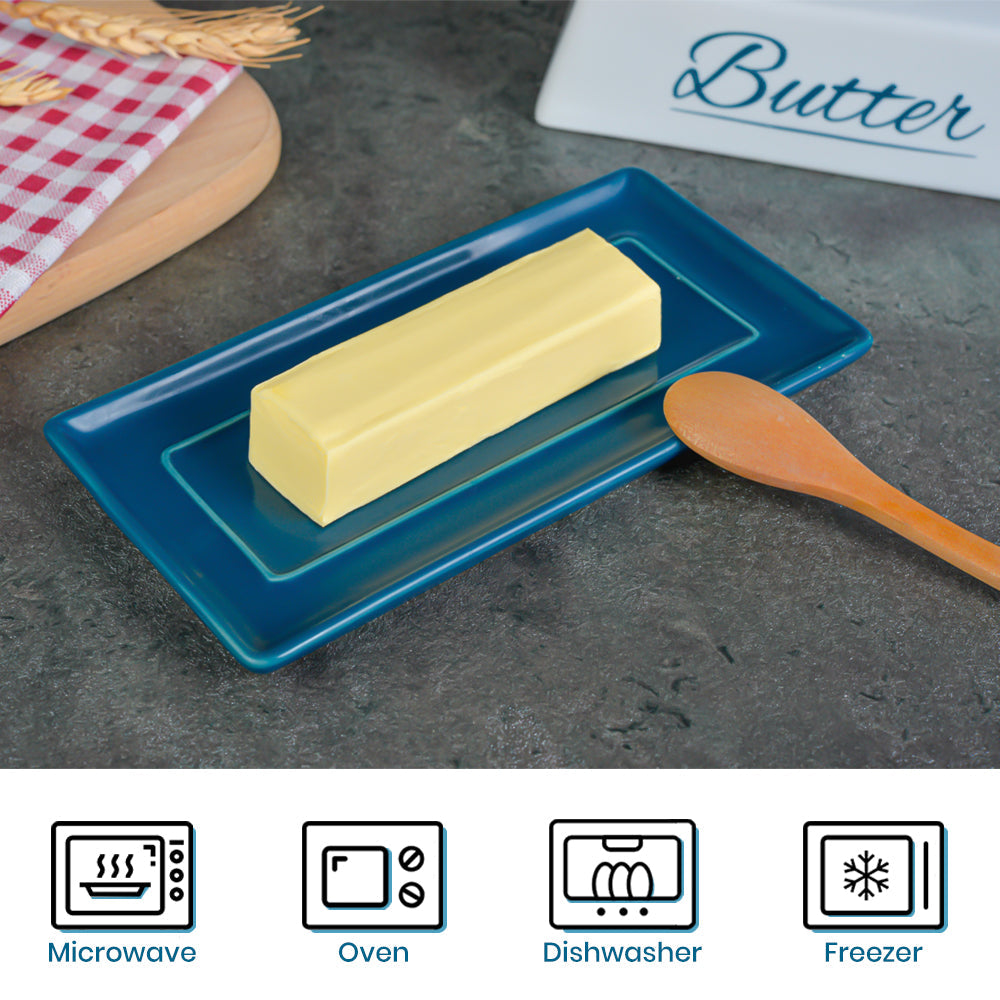 Butter Dish Ceramic Porcelain Butter Keeper Butter dish with Lid and Handle for Countertop Refrigerator Perfect for East West Coast Butter Navy Blue