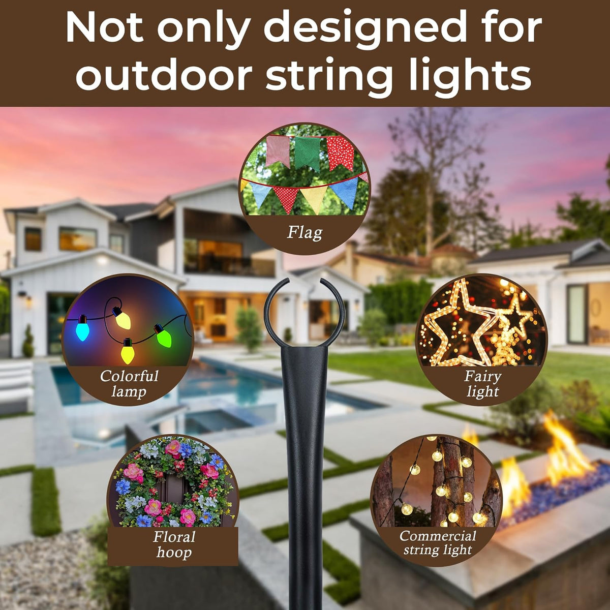 10 Ft String Light Poles for Outside, 4 Pack Heavy-Duty Metal Poles for Outdoor Hanging Lights with Fence Brackets, Outdoor String Light Pole Stand for Patio, Backyard, Garden