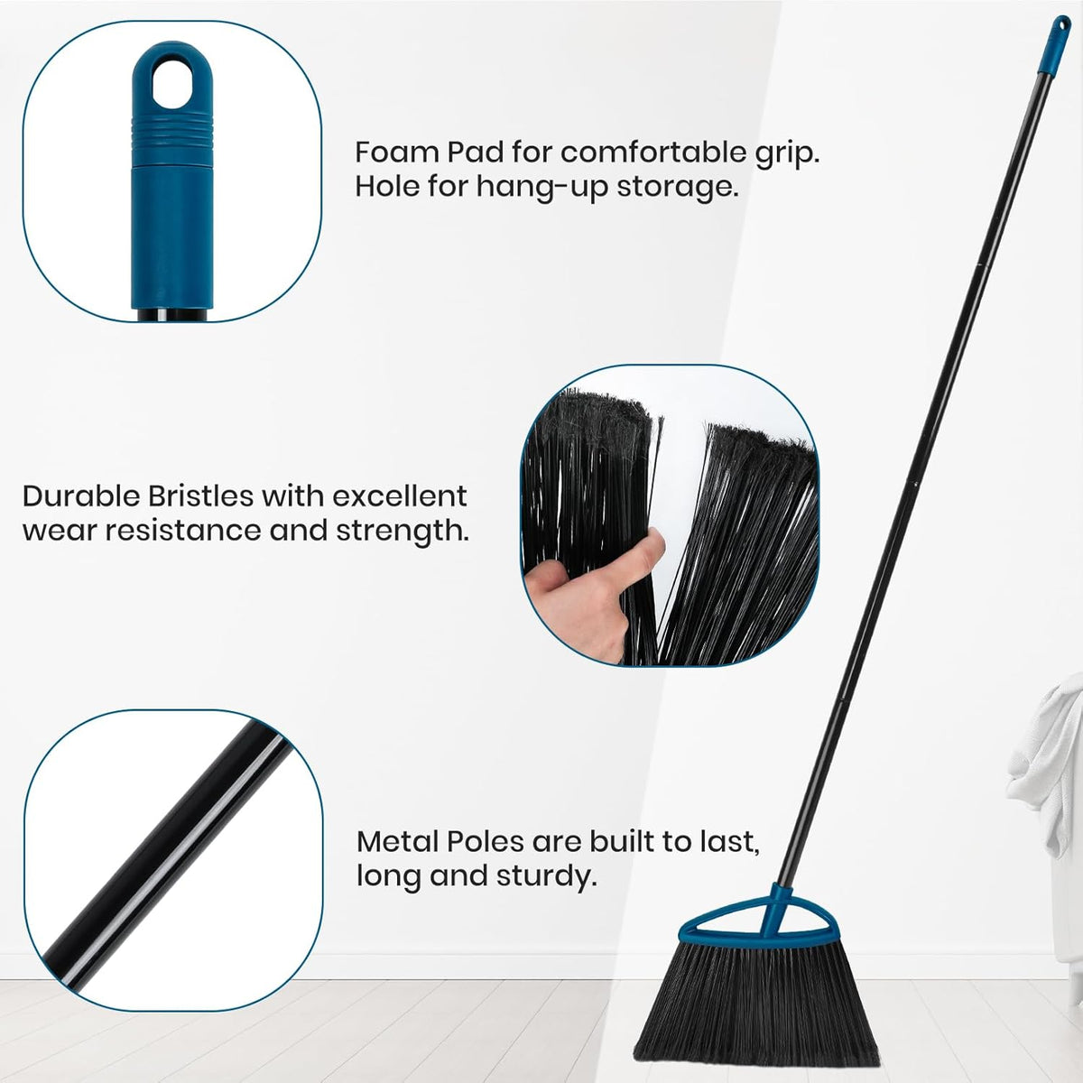TREELEN 3 Pack Heavy Duty Broom Outdoor with 60" Long Handle Stiff Bristle Kitchen Broom for Sweeping Indoor Angle Broom for Shop Restaurant Garage Patio