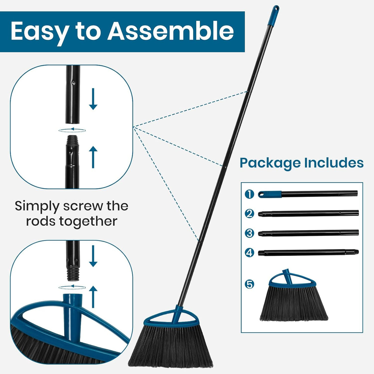 TREELEN 3 Pack Heavy Duty Broom Outdoor with 60" Long Handle Stiff Bristle Kitchen Broom for Sweeping Indoor Angle Broom for Shop Restaurant Garage Patio
