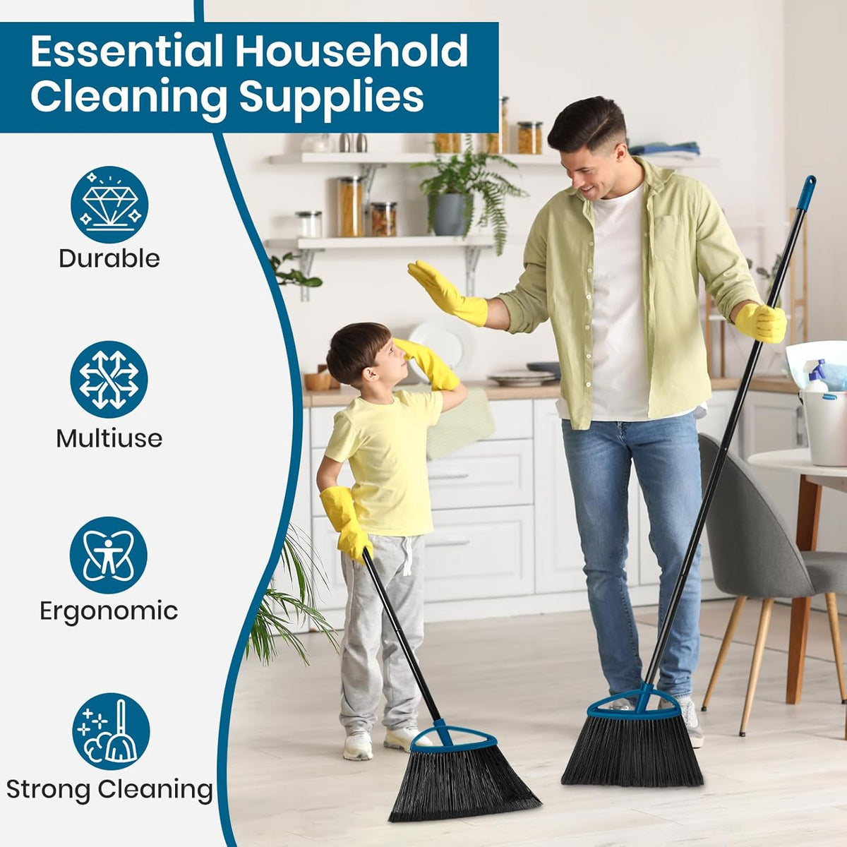 TREELEN 3 Pack Heavy Duty Broom Outdoor with 60" Long Handle Stiff Bristle Kitchen Broom for Sweeping Indoor Angle Broom for Shop Restaurant Garage Patio