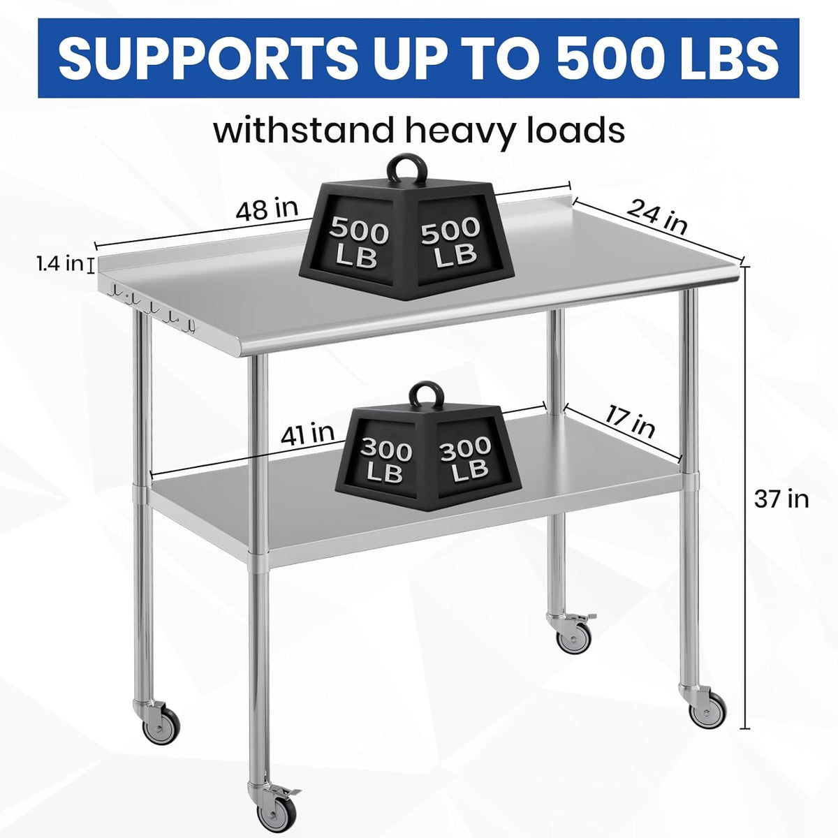 Stainless Steel Table for Prep & Work 24x48 with Backsplash,Wheels,Hooks - Adjustable Height,Work Tables with Undershelf, Easy Assembly, Ideal for Kitchen, Restaurant, Hotel, Home