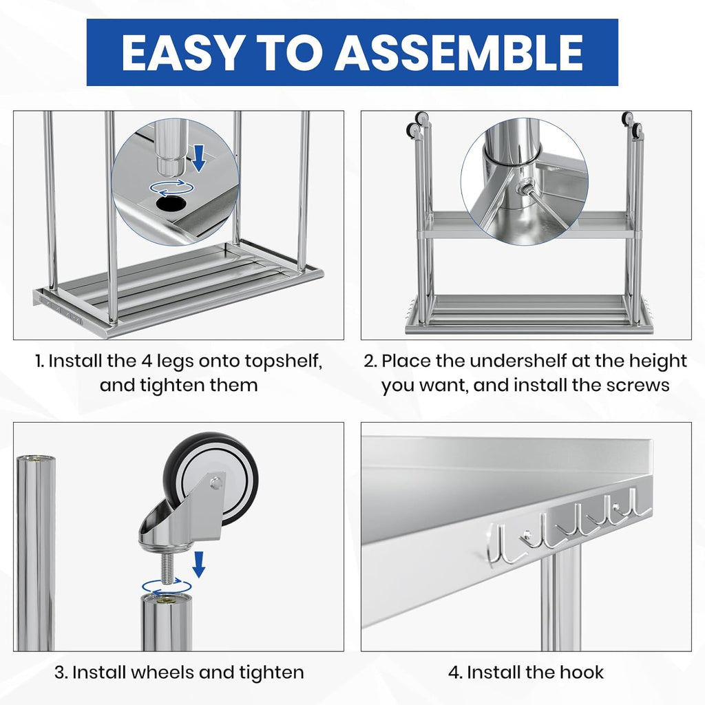 Stainless Steel Table for Prep & Work 24x48 with Backsplash,Wheels,Hooks - Adjustable Height,Work Tables with Undershelf, Easy Assembly, Ideal for Kitchen, Restaurant, Hotel, Home