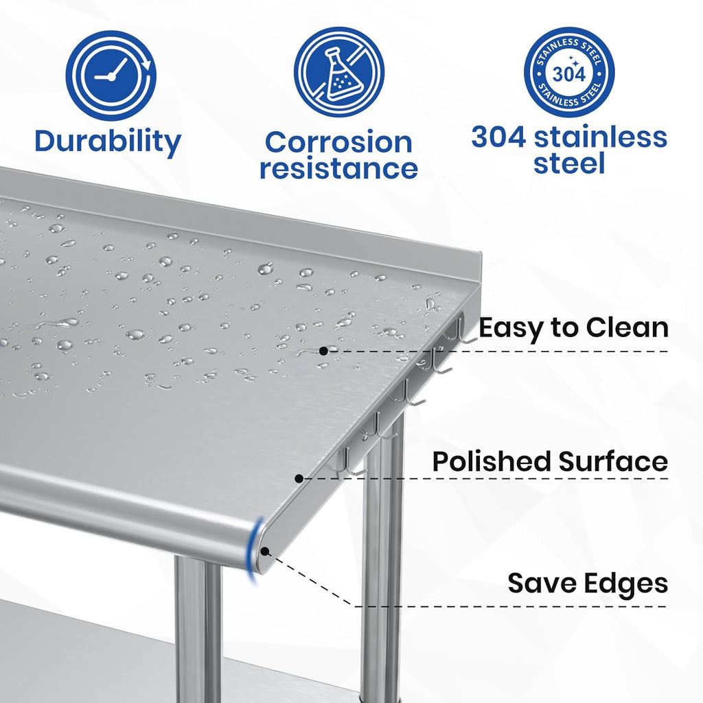 Stainless Steel Table for Prep & Work 24x48 with Backsplash,Wheels,Hooks - Adjustable Height,Work Tables with Undershelf, Easy Assembly, Ideal for Kitchen, Restaurant, Hotel, Home