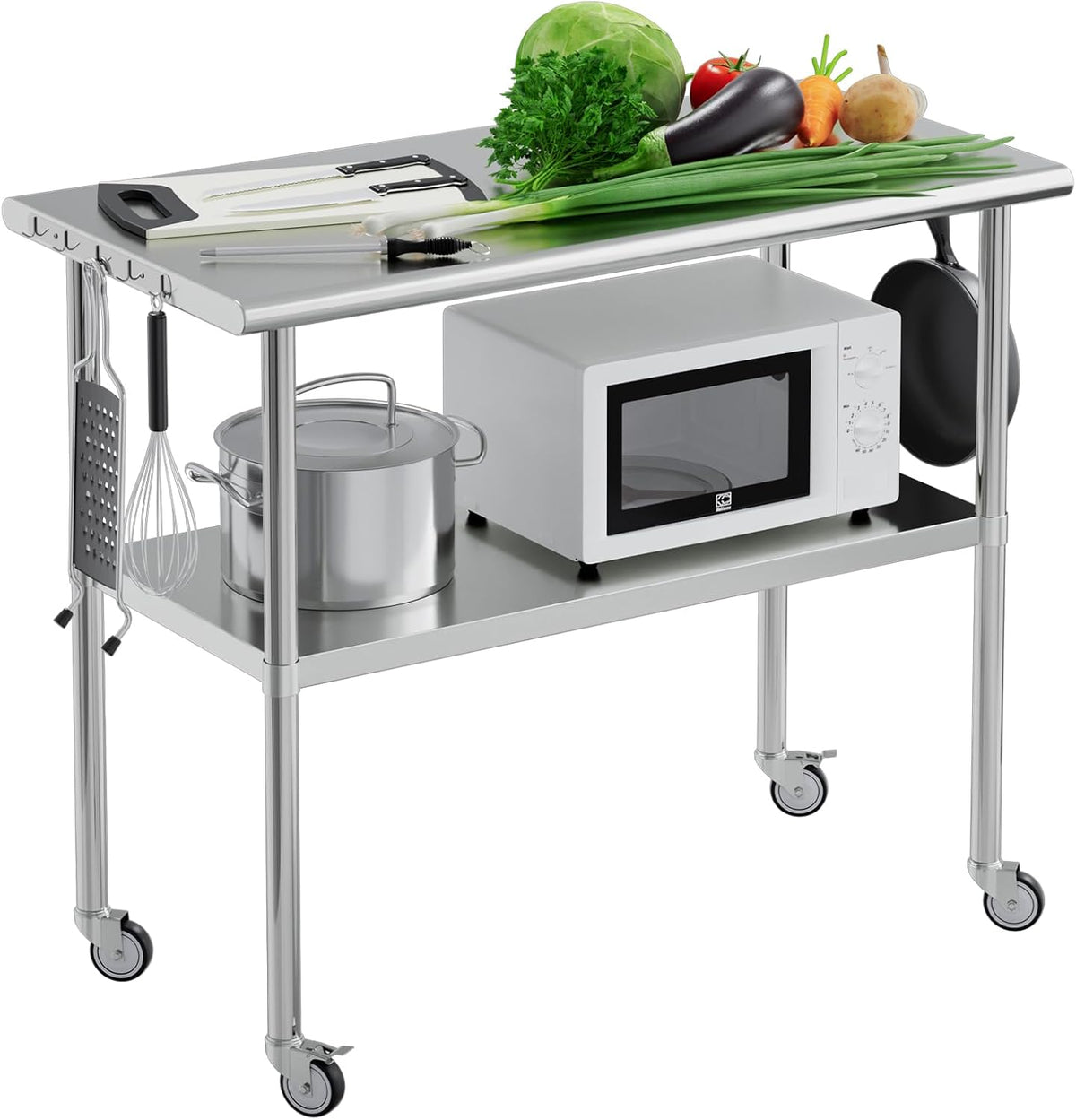 Stainless Steel Work Table 24x48 for Prep with Wheels and Hooks - Adjustable Height, Mobile Large Workspace, Easy Assembly, Ideal for Kitchen, Restaurant, Home, Workshop,Hotel
