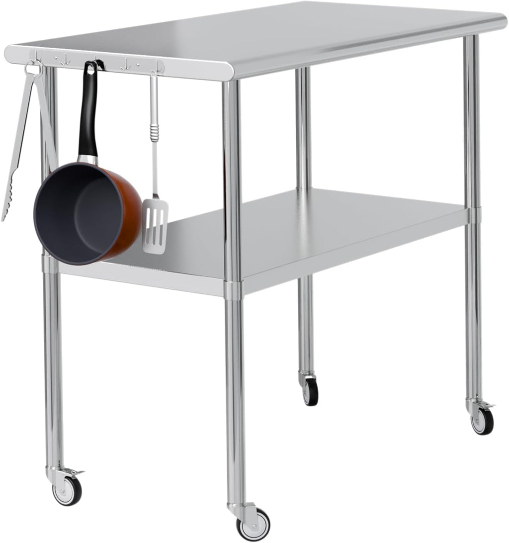 Stainless Steel Work Table 24x48 for Prep with Wheels and Hooks - Adjustable Height, Mobile Large Workspace, Easy Assembly, Ideal for Kitchen, Restaurant, Home, Workshop,Hotel