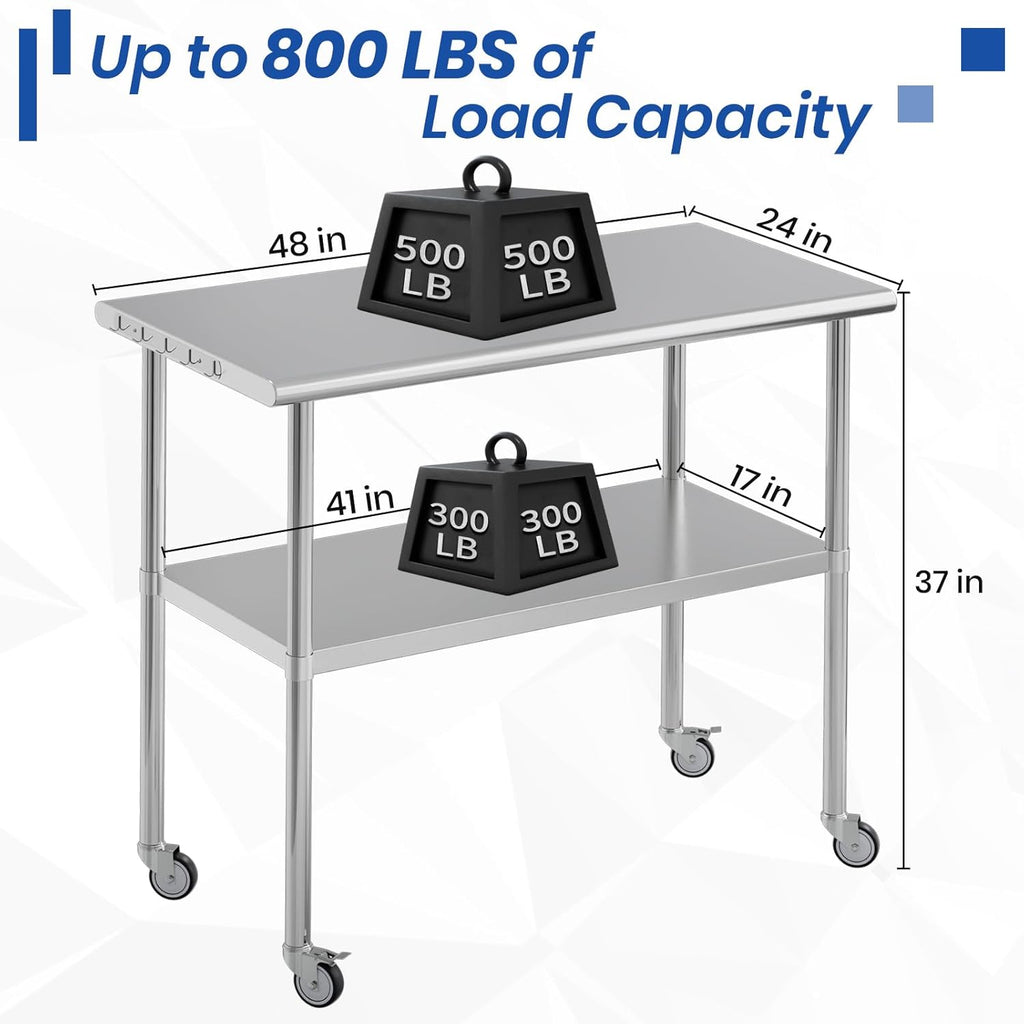 Stainless Steel Work Table 24x48 for Prep with Wheels and Hooks - Adjustable Height, Mobile Large Workspace, Easy Assembly, Ideal for Kitchen, Restaurant, Home, Workshop,Hotel
