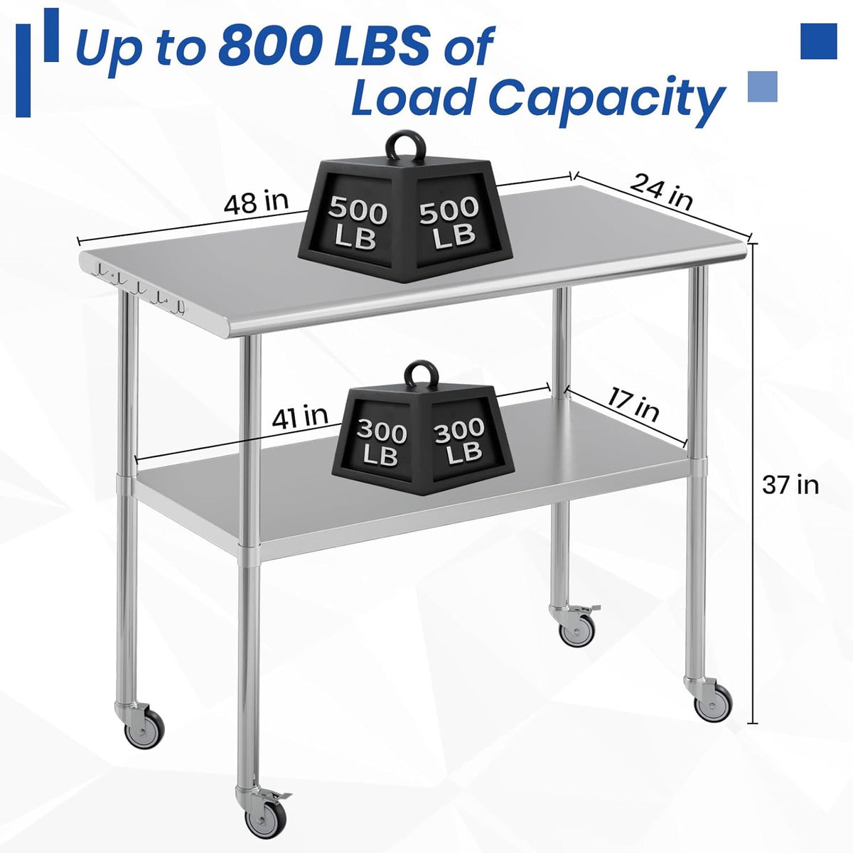 Stainless Steel Work Table 24x48 for Prep with Wheels and Hooks - Adjustable Height, Mobile Large Workspace, Easy Assembly, Ideal for Kitchen, Restaurant, Home, Workshop,Hotel