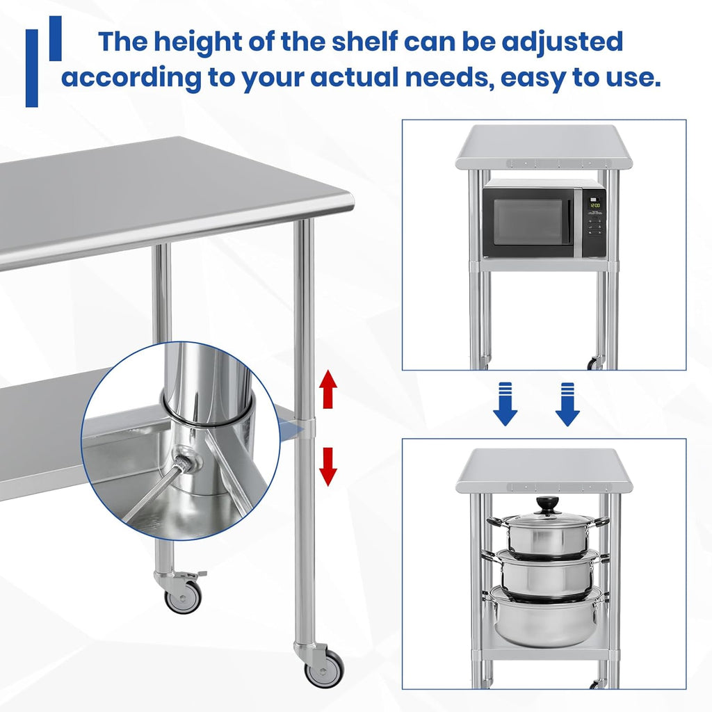 Stainless Steel Work Table 24x48 for Prep with Wheels and Hooks - Adjustable Height, Mobile Large Workspace, Easy Assembly, Ideal for Kitchen, Restaurant, Home, Workshop,Hotel