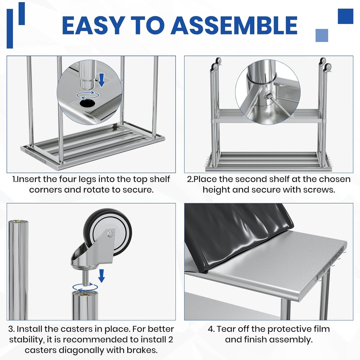 Stainless Steel Work Table 24x48 for Prep with Wheels and Hooks - Adjustable Height, Mobile Large Workspace, Easy Assembly, Ideal for Kitchen, Restaurant, Home, Workshop,Hotel
