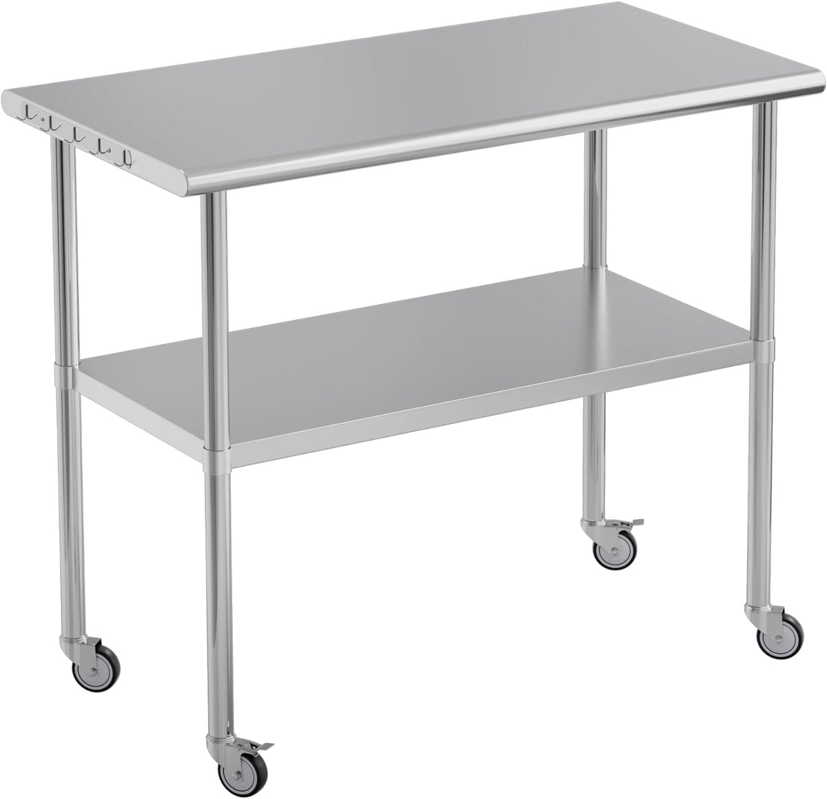 Stainless Steel Work Table 24x48 for Prep with Wheels and Hooks - Adjustable Height, Mobile Large Workspace, Easy Assembly, Ideal for Kitchen, Restaurant, Home, Workshop,Hotel