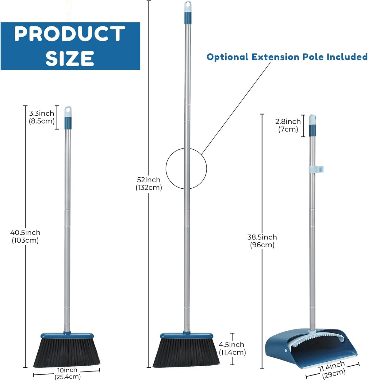 Standing Dustpan and Broom Set with 52" Long Extendable Handle for Home, Indoor, Kitchen Room Office Lobby Floor Cleaning