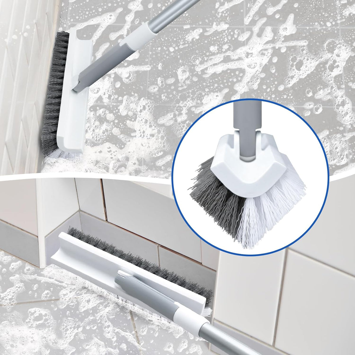 Grout Scrub Brush with Long Handle 57" Double-Sided Floor Scrub Brush V-Shape Grout Cleaning Brush for Tile Floors, Baseboards, Wall, Corners and Deck