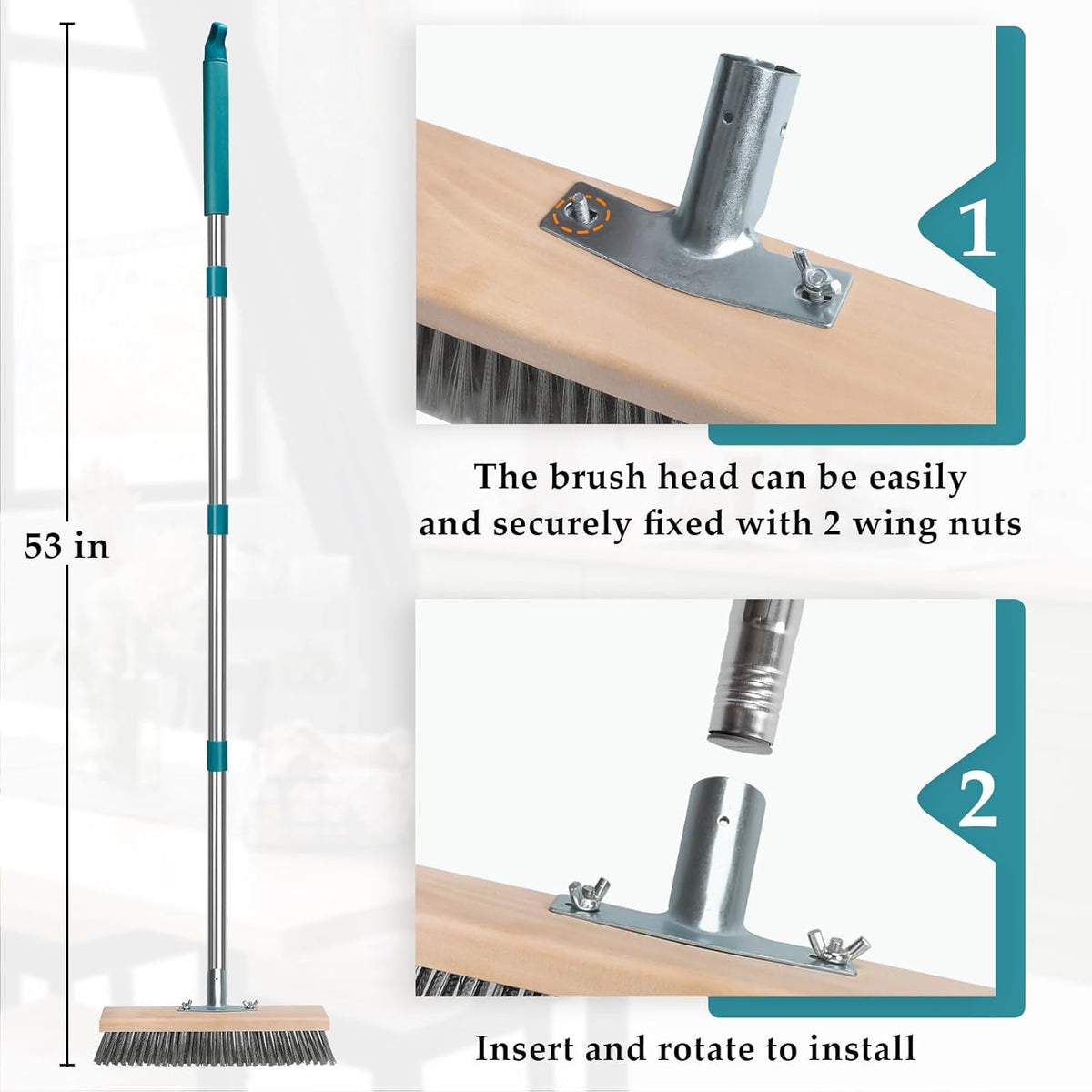 Stainless Steel Deck Scrub Brush with Long Handle, Outdoor Broom for Concrete, Deck, Patio Floor Cleaning, 53" Long Handled Heavy Duty Floor Scrubber for Outdoor Moss Removal