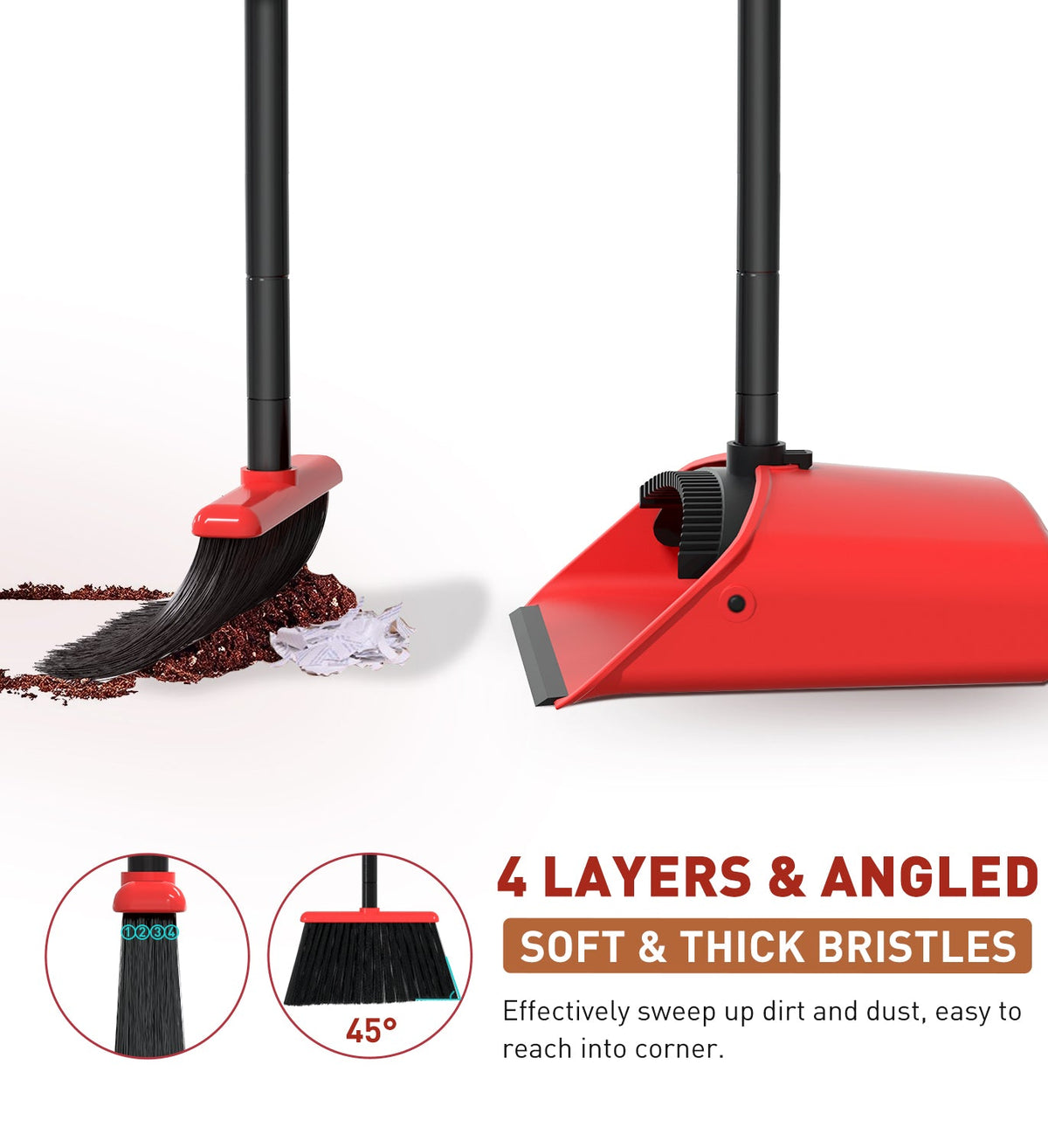 SONCAL Broom and Dustpan Set，Extendable 52" Brooms for Sweeping Indoor Broom with Dustpan Combo Set for Home Kitchen Office Lobby Floor Standing Dust Pan-Red&Black