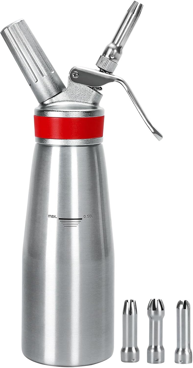 Whipped Cream Dispenser Professional Whip Cream Canister Whipped Cream Maker with 3 Decorating Stainless Nozzles (Aluminum)