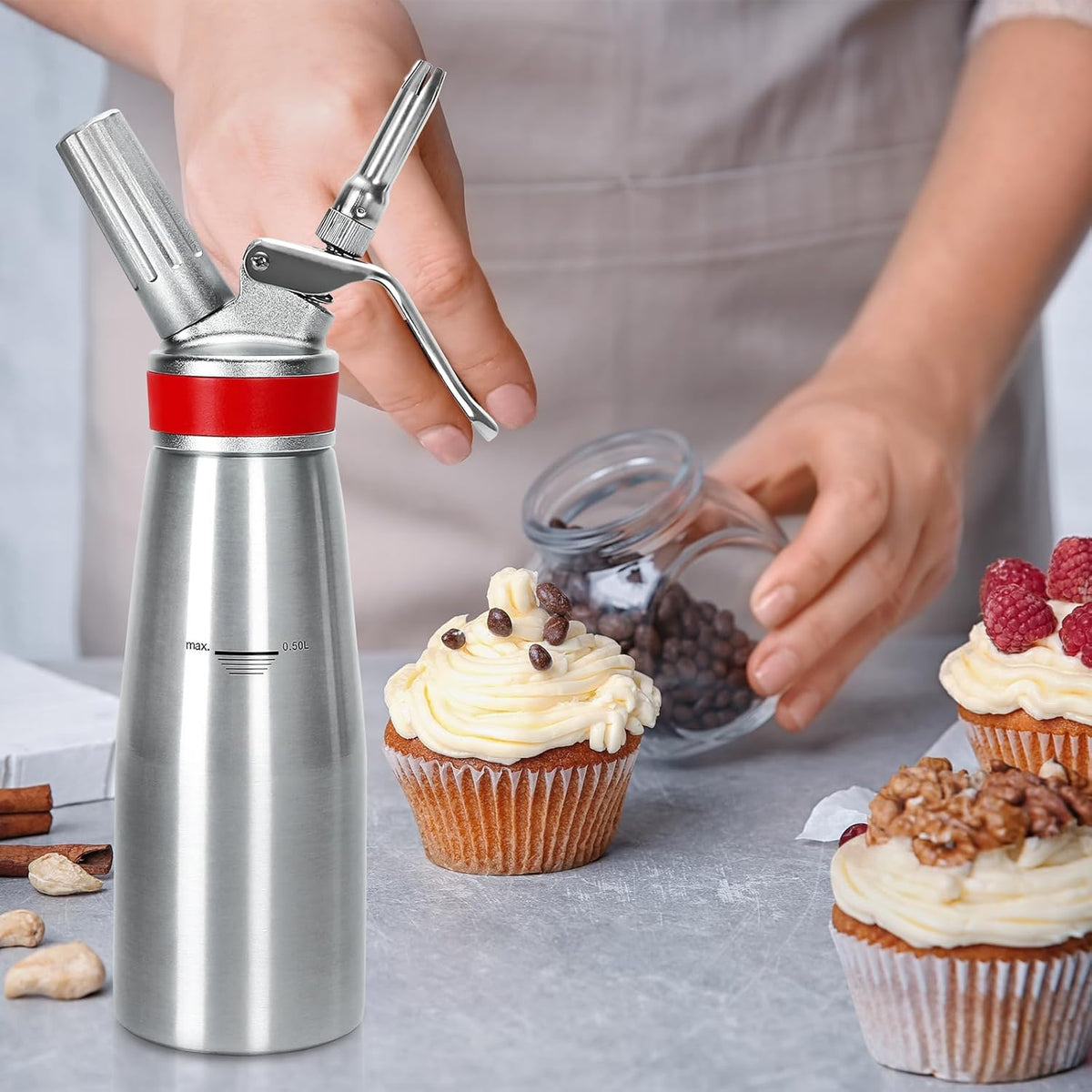 Whipped Cream Dispenser Professional Whip Cream Canister Whipped Cream Maker with 3 Decorating Stainless Nozzles (Aluminum)